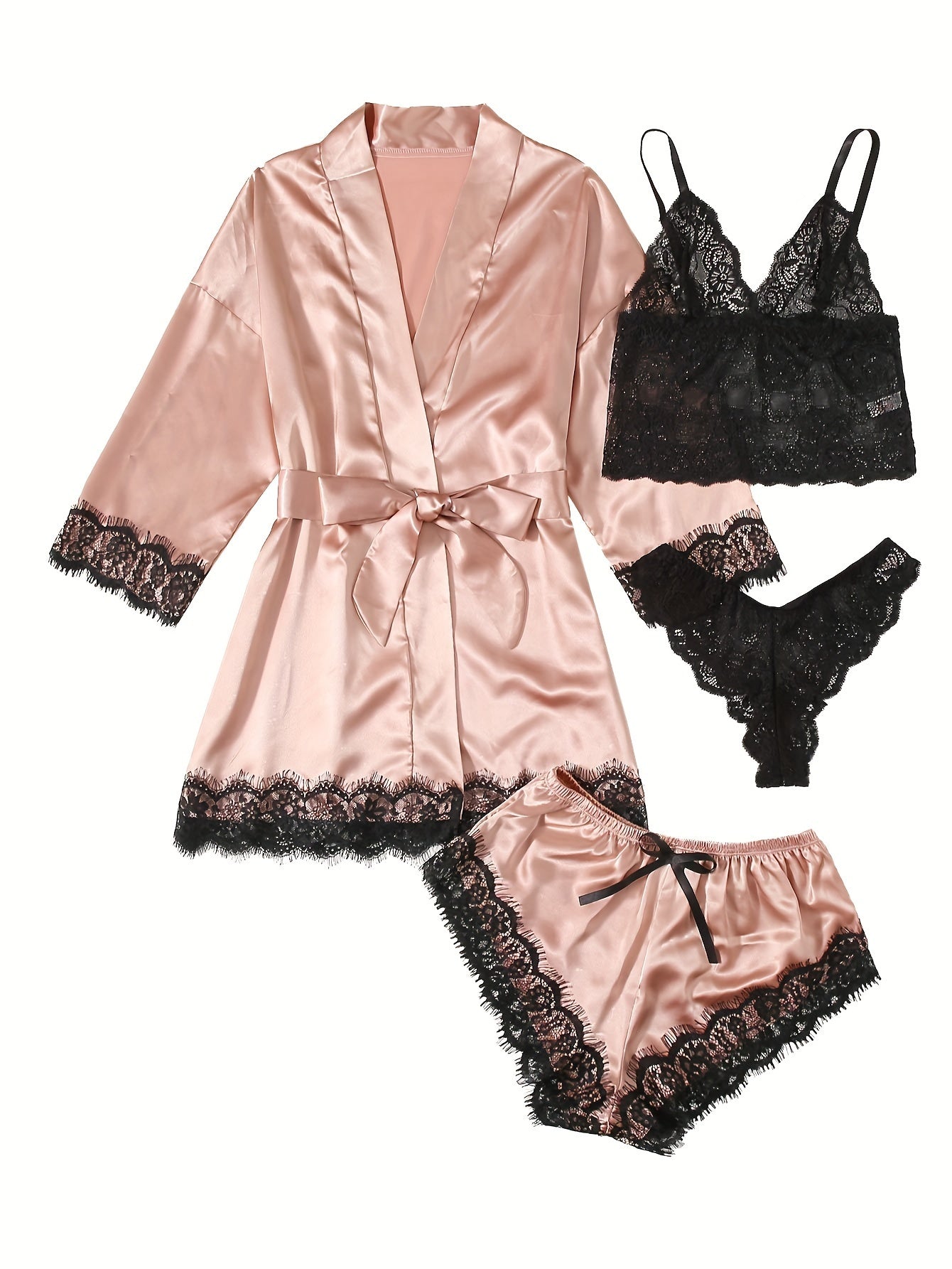 Women' Silk Satin Pajamas Set 4pcs Lingerie Floral Lace Cami Sleepwear with Robe