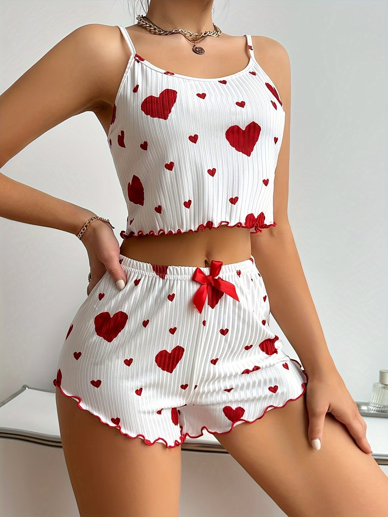 Women's Home Wear, Love Print Suspenders And Shorts, Pajamas Set, 2 Piece/set Home Pajamas Set