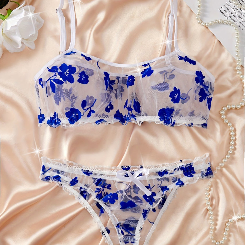 Romantic Floral Lingerie Set for Her - Alluring Ruffle Bra & Soft Sheer Mesh Panties - Seductive, Comfortable Intimate Wear with Flirty Flower Print