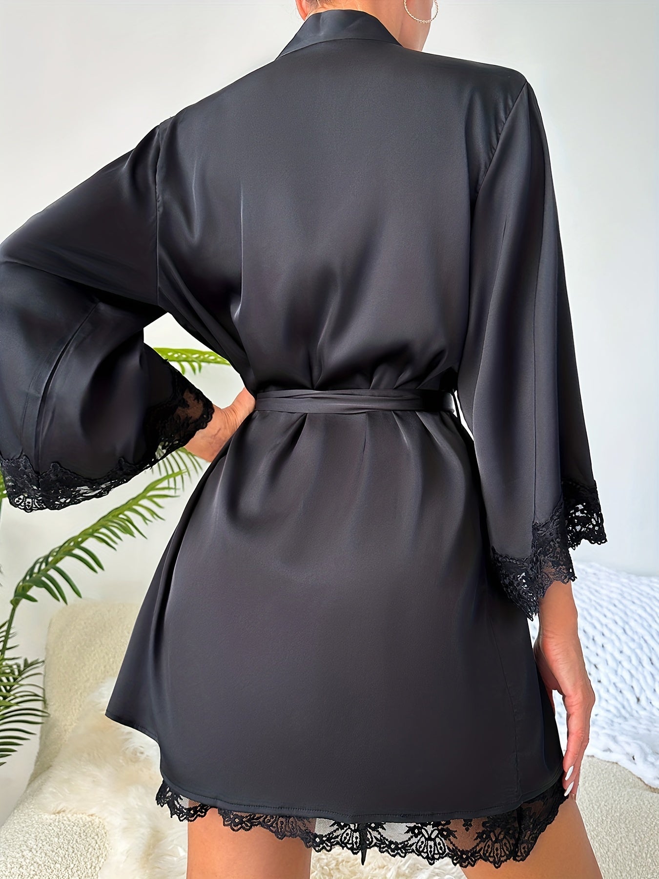 Elegant Women's Satin Lace Pajama Set - V-Neck Slip Nightgown with Long Sleeve Tie Robe, Breathable & Comfortable, Solid Color with Lace Detailing, Perfect for All Seasons, Lace Lingerie