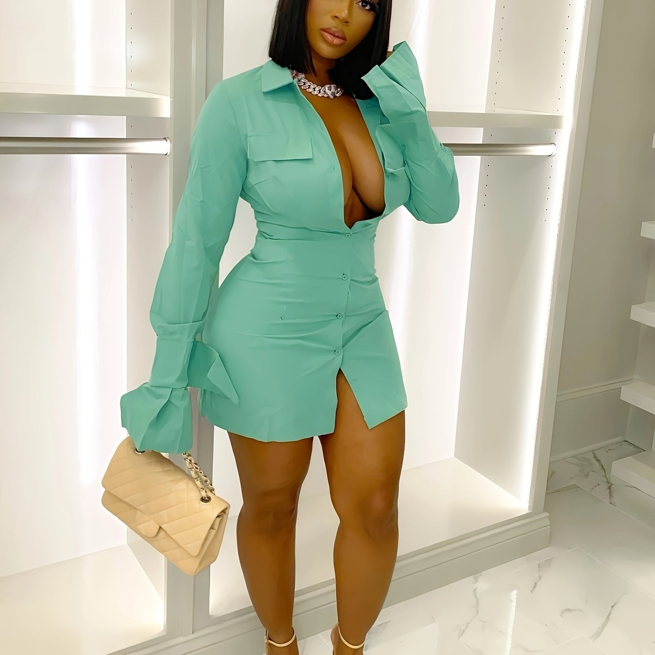 Womens Chic Long Sleeve Button-Up Mini Dress - Flattering Fit & Versatile Design - Trendy Casual Shirt Dress for All-Season Style