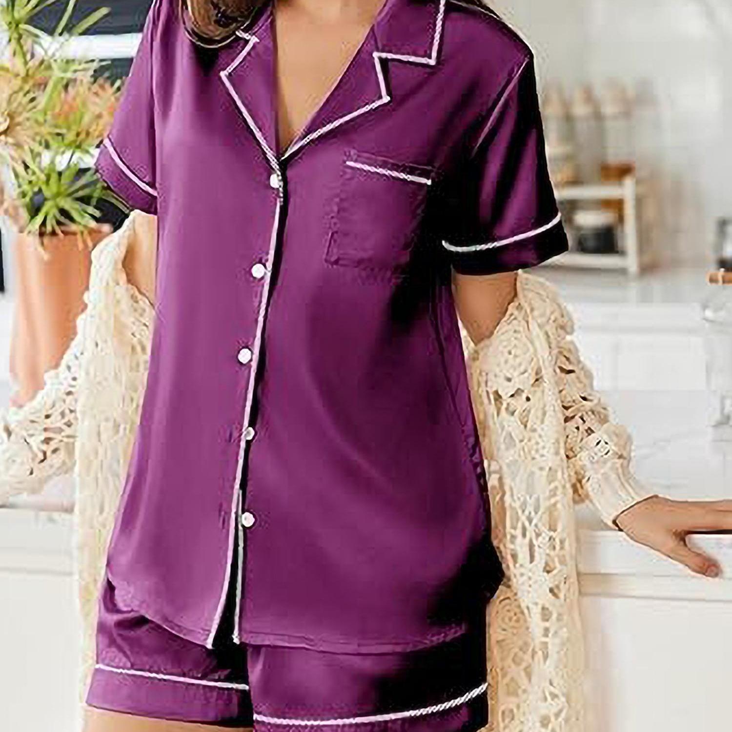 Womens Satin Pajamas Set Short Sleeve Sleepwear Button Down Top and Shorts Loungewear 2pcs Pjs Set casual summer outfits for women high quality sleep set wedding party honeymoon vacation