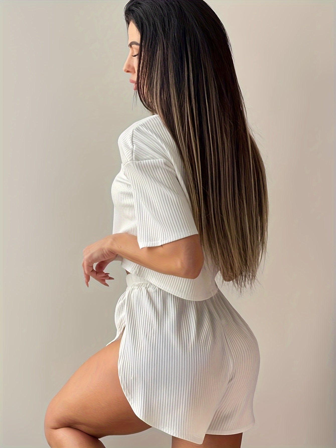 1 Set, Casual Women's Pajamas Set, Sasual Solid Color Ribbed Short-Sleeved T-shirt Top And Sexy High-Slit Shorts, Women's Pajamas And Home Clothes