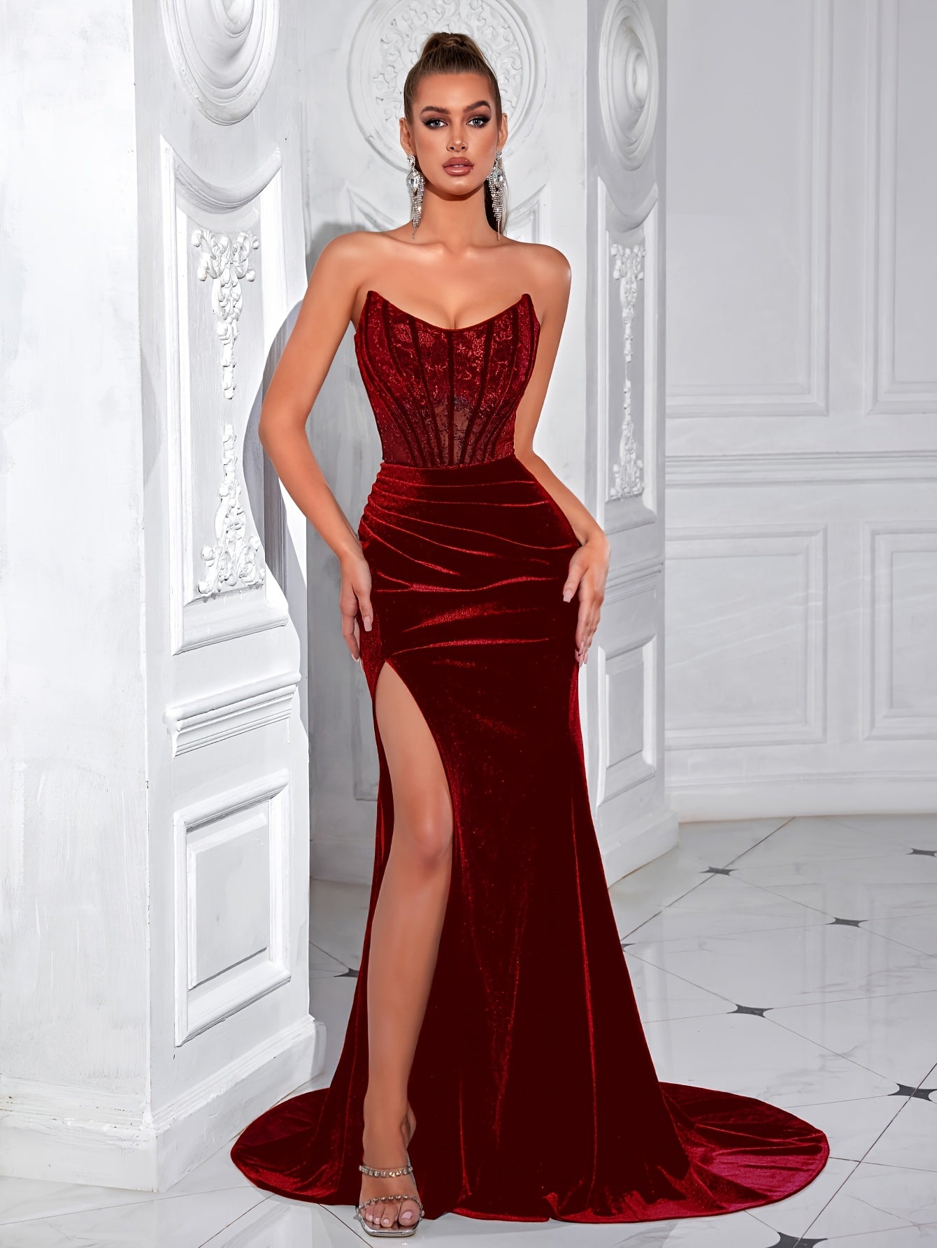 [One U-shaped Tube Top Dress] U-shaped Tube Top High Waist Front Split Backless Dance Party Dress Women's Formal Evening Gown Skirt with Random Pattern Placement