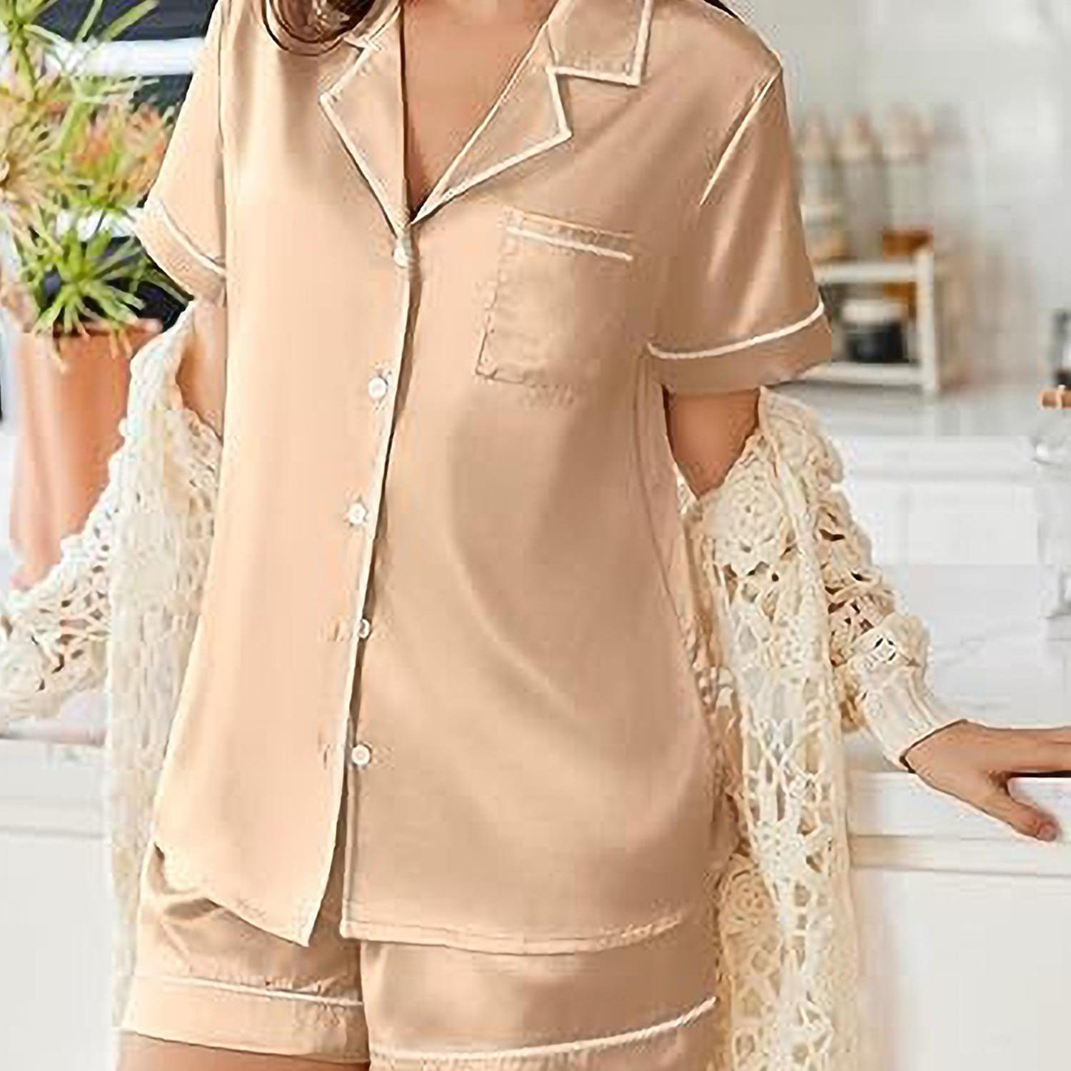 Womens Satin Pajamas Set Short Sleeve Sleepwear Button Down Top and Shorts Loungewear 2pcs Pjs Set casual summer outfits for women high quality sleep set wedding party honeymoon vacation