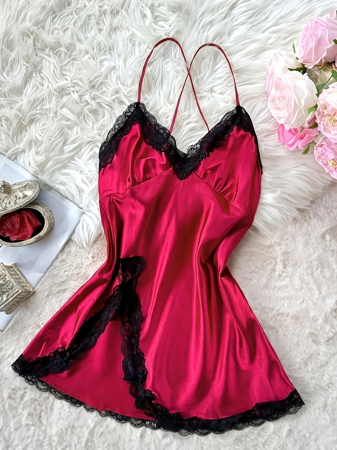 Color Blocked Lace Satin Nightgown, Deep V-backless Lace Slit Camisole Nightgown, Women'S Pajamas