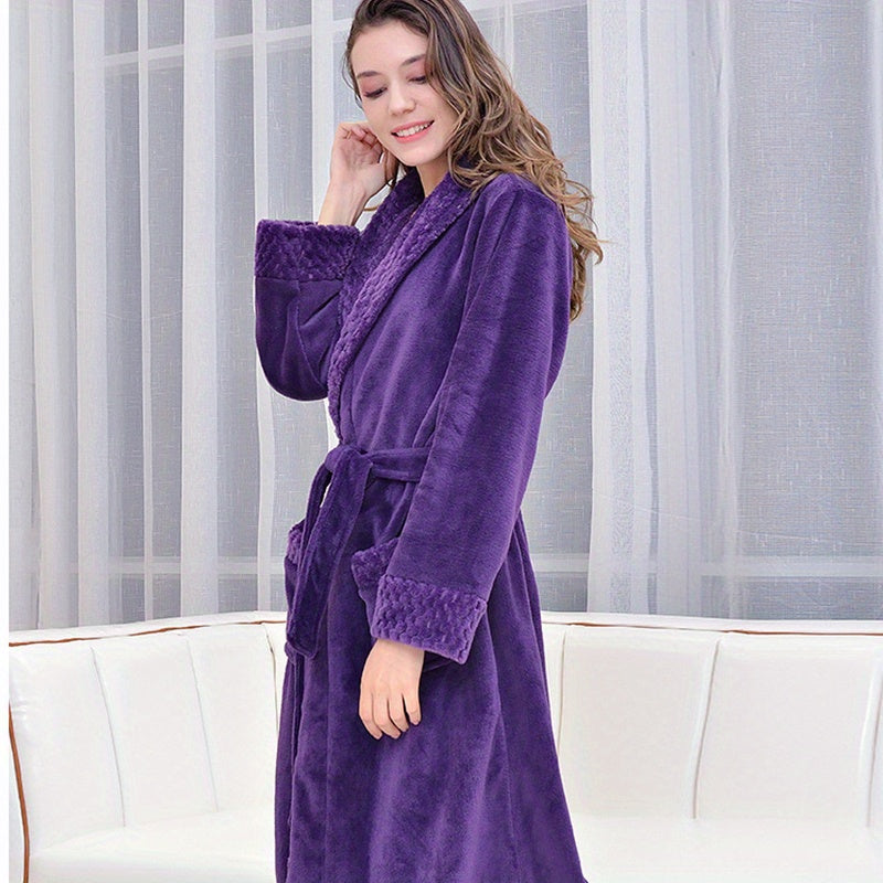 1pc Autumn Winter Flannel Bathrobe, Soft And Skin-friendly Pajamas, Thickened Unisex Nightgown, Warm Long Robe Sleepwear For Home, Bathroom Supplies, Bathroom Accessory