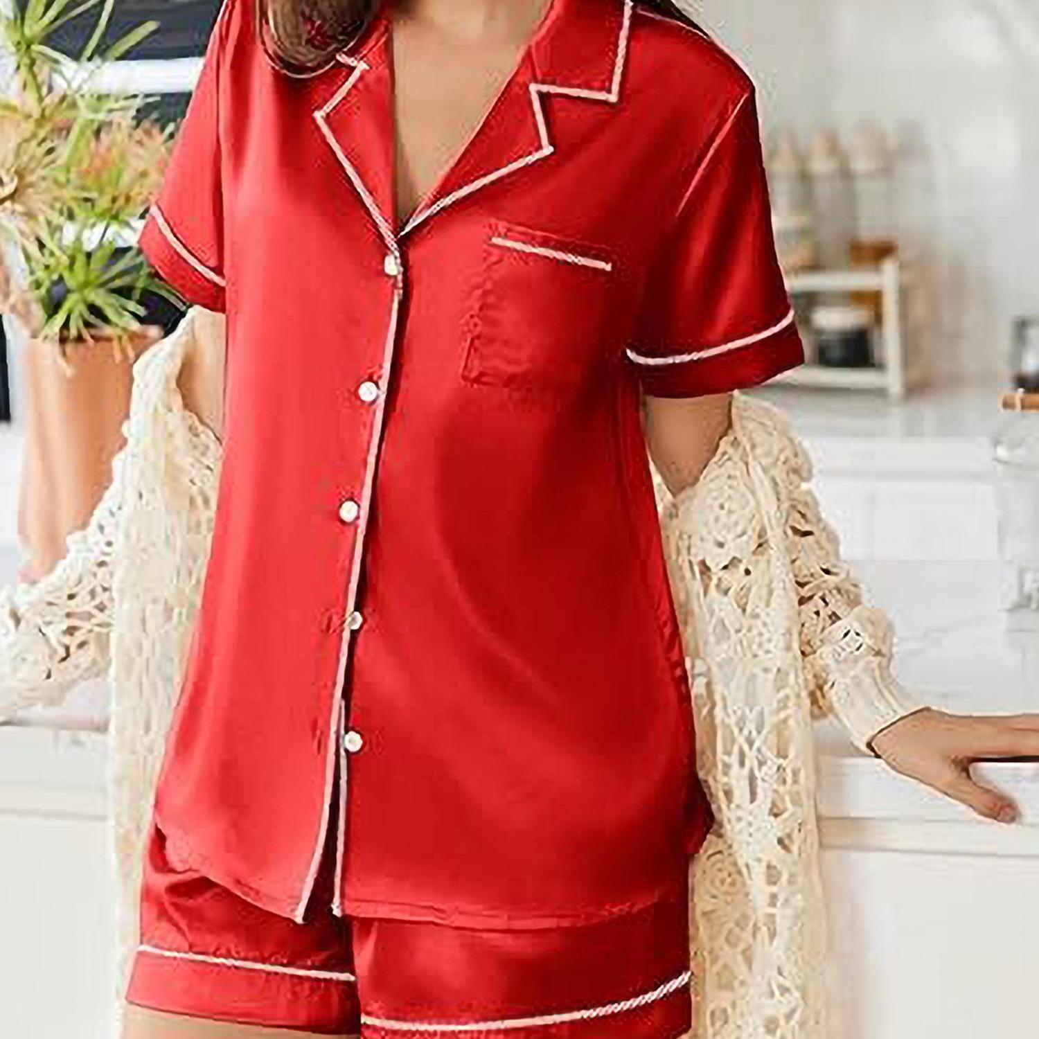 Womens Satin Pajamas Set Short Sleeve Sleepwear Button Down Top and Shorts Loungewear 2pcs Pjs Set casual summer outfits for women high quality sleep set wedding party honeymoon vacation