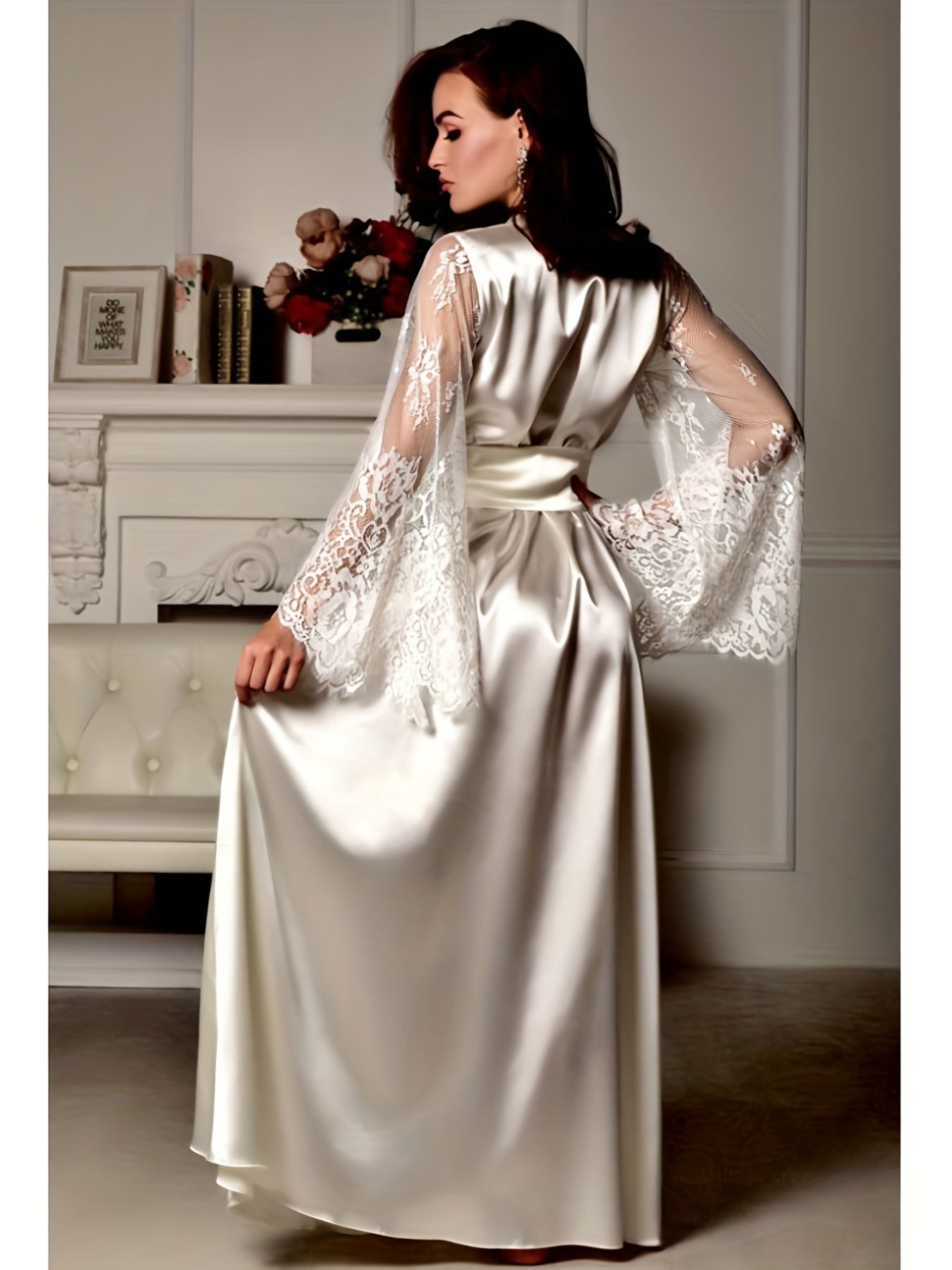 Women's Lace Casual Robe - Sexy V-neck Pajamas, Long See Through Sleeve Nightwear - Soft and Comfortable Fabric - For Lounging at Home or Relaxing - Perfect Gift for Her