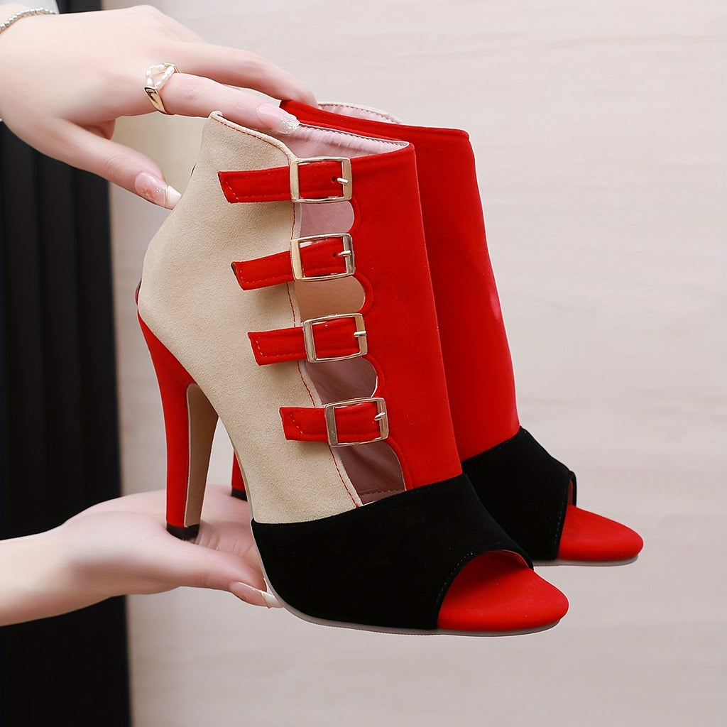 [Colorblock Heeled Stiletto Sandals] Women's Colorblock Stiletto Heeled Sandals, Sexy Buckle Straps Peep Toe High Heels, Fashion Dress Pumps