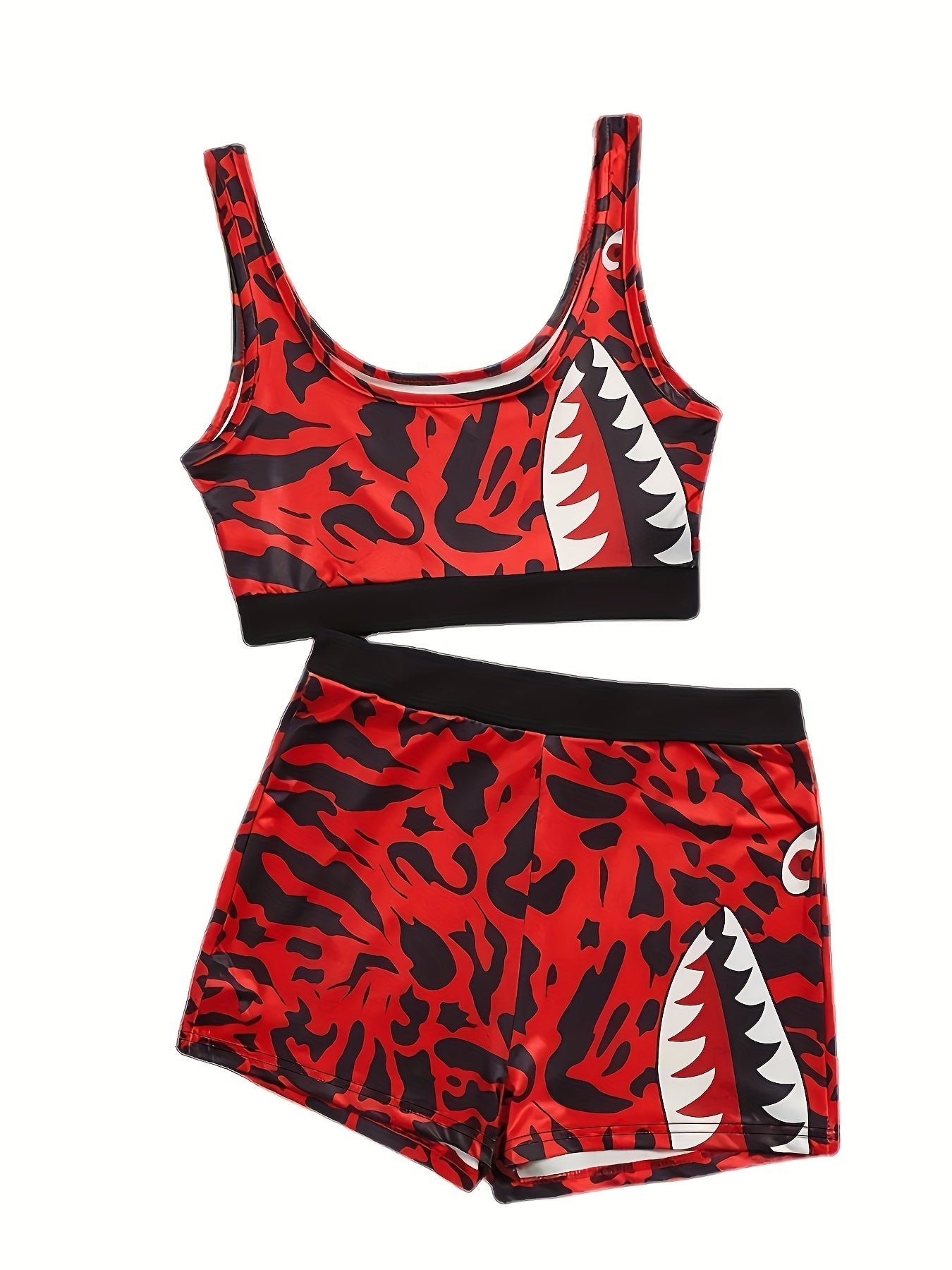 Plus Size Gothic Lingerie Set, Women's Plus Shark Print Contrast Trim Tank Bra & Panty Sporty Lingerie Two Piece Set
