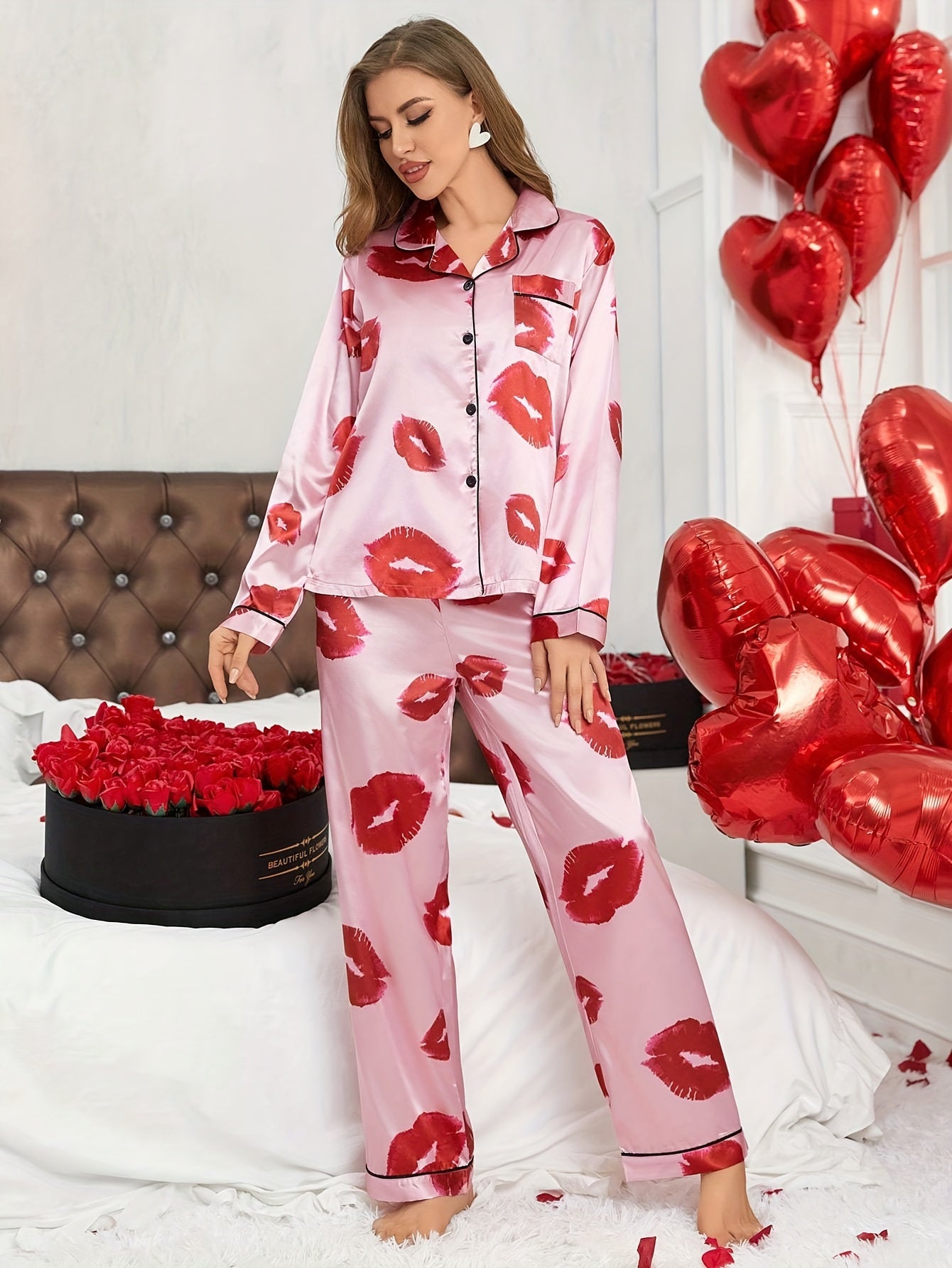 Lipprint printed women's satin pajamas, long sleeved pants, sexy home clothing set