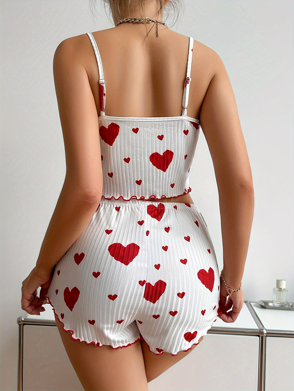 Women's Home Wear, Love Print Suspenders And Shorts, Pajamas Set, 2 Piece/set Home Pajamas Set