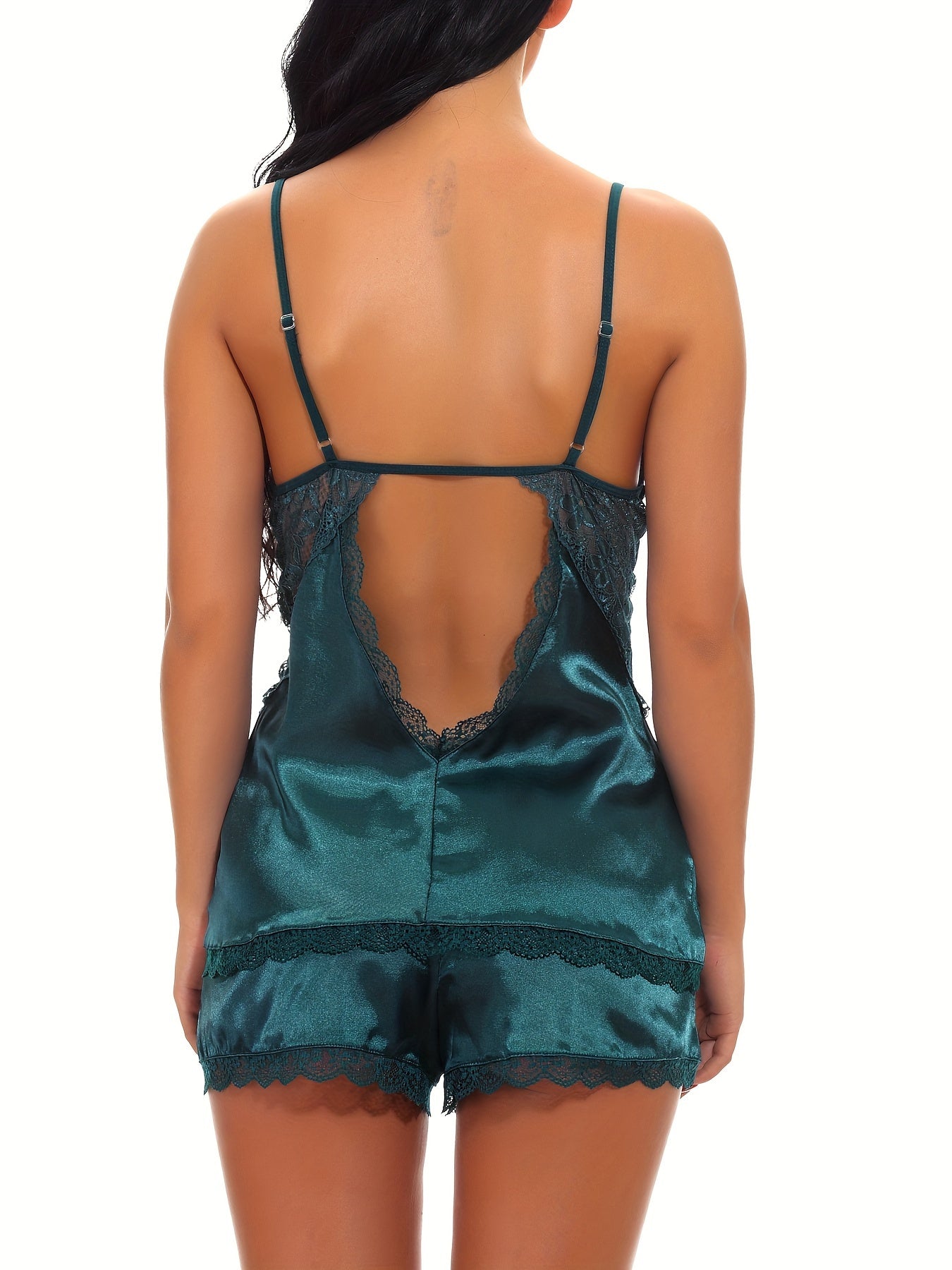 Women Sexy Sleepwear Satin Pajamas Set Lace Trim Camisole And Shorts Backless Nightwear