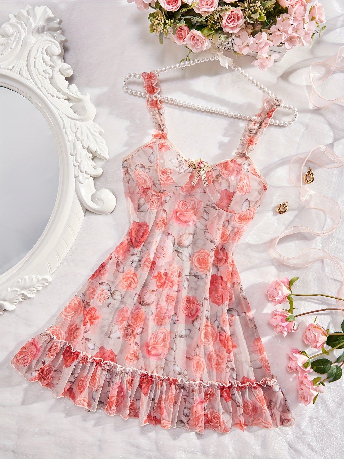 Lace Hollow Out Nightgown, Deep V-backless Bow Nightgown, Orange Women's Pajamas And Dresses
