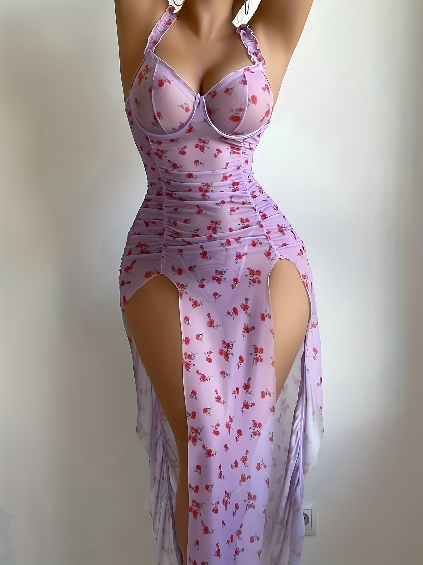 Woman's 2pcs Set, Sexy Underwear, Pajamas, Nightgown, Sexy Black Ear-edge Printed Backless, Semi-transparent, Princess Style, Middle Slit Nightgown Set, Skirt + Thong Set, Bra with Underwire