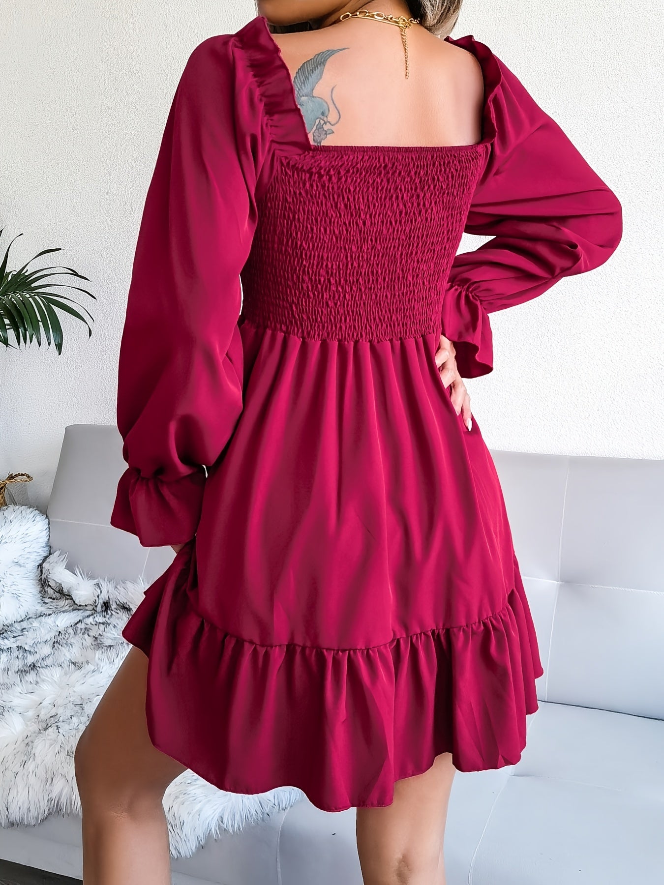 Flirty Squared Neck Ruffle Hem Dress - Feminine Shirred Detail, Timeless Solid Color, Perfect for Spring & Fall Wardrobe
