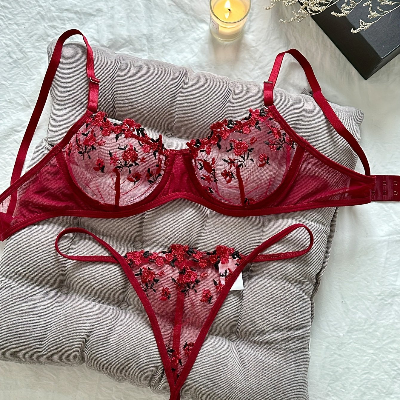 Romantic Floral Embroidered Lingerie Set - Lightweight Sheer Bra & Seductive Mesh Thong - Unlined, Feminine & Sexy Underwear for Women