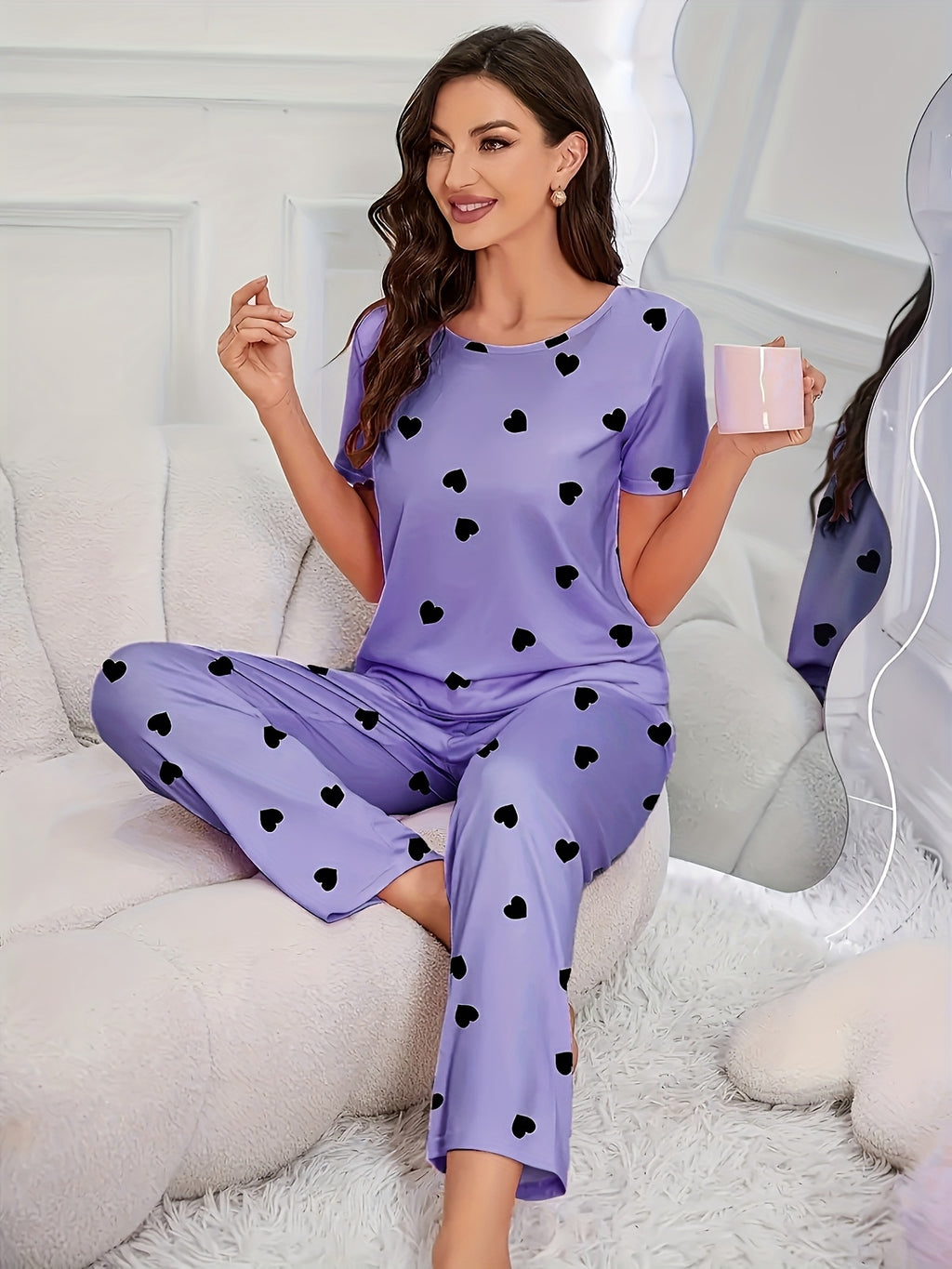 2pcs Sets Women's Heart Print Pajamas Set, Casual Comfortable Short Sleeve T-Shirt & Elastic Waist Trousers Pj Set, Ladies Sleepwear for All Seasons