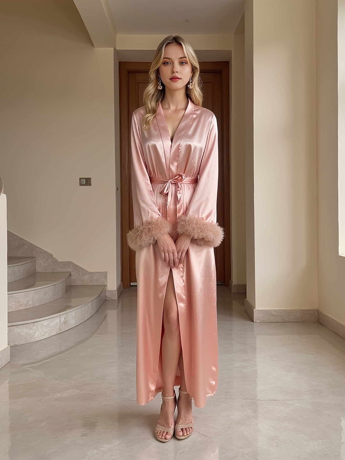 Women'S Sexy High-end Morning Gown, Imitation Silky Satin Process, Lace Stitching Cuffs, Good Feel, Ice And Shiny, Can Be Worn Outside Pajamas