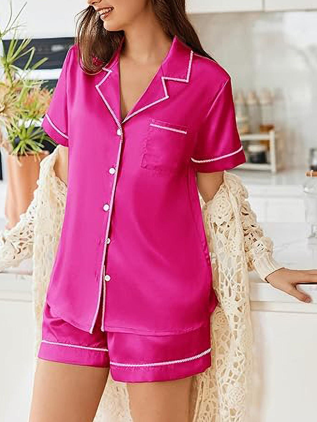 Womens Satin Pajamas Set Short Sleeve Sleepwear Button Down Top and Shorts Loungewear 2pcs Pjs Set casual summer outfits for women high quality sleep set wedding party honeymoon vacation