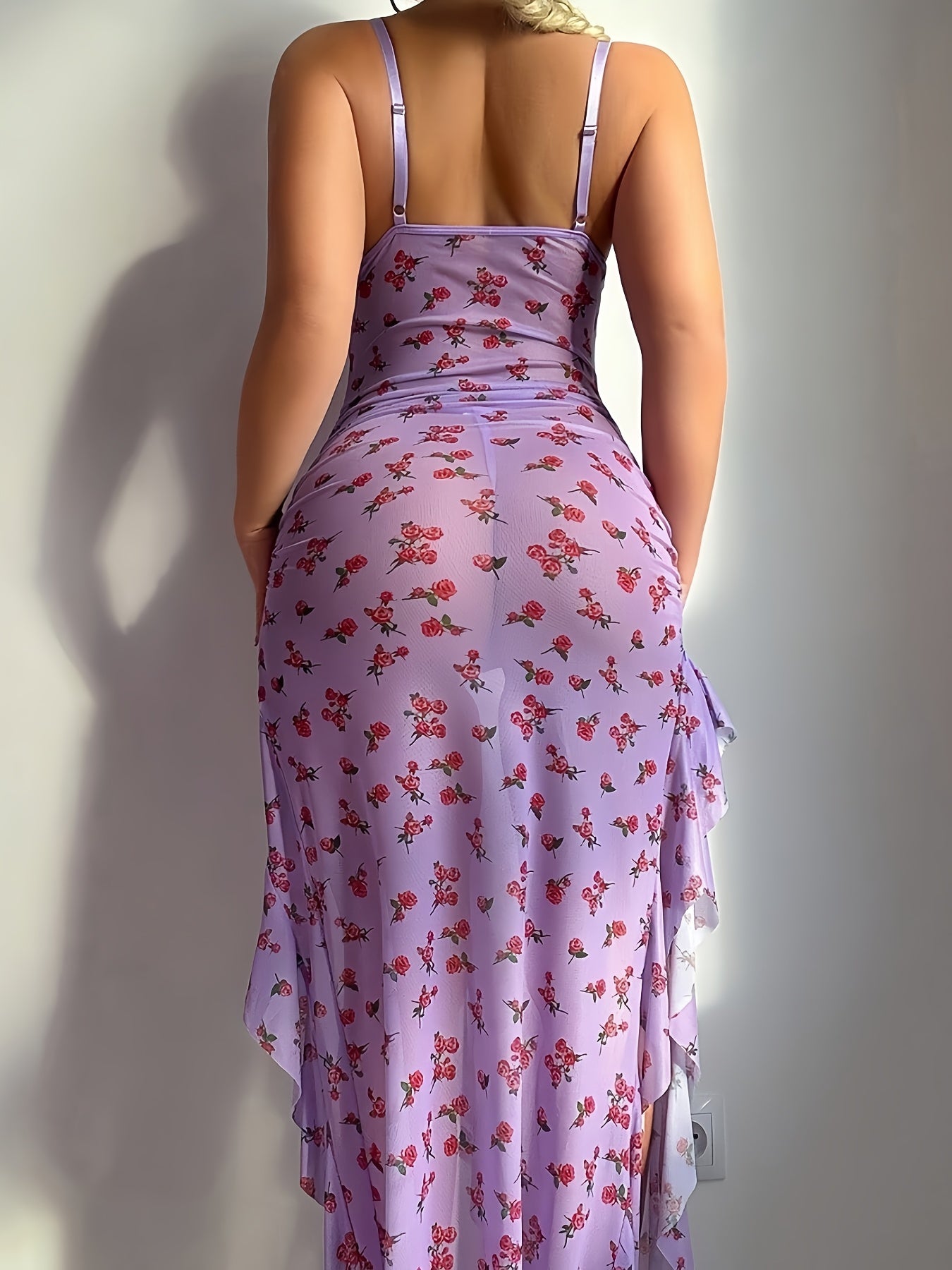 Woman's 2pcs Set, Sexy Underwear, Pajamas, Nightgown, Sexy Black Ear-edge Printed Backless, Semi-transparent, Princess Style, Middle Slit Nightgown Set, Skirt + Thong Set, Bra with Underwire