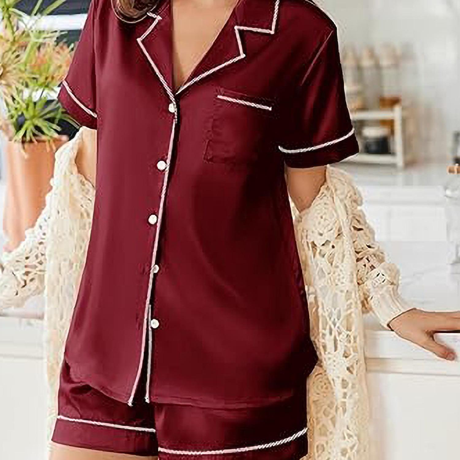 Womens Satin Pajamas Set Short Sleeve Sleepwear Button Down Top and Shorts Loungewear 2pcs Pjs Set casual summer outfits for women high quality sleep set wedding party honeymoon vacation