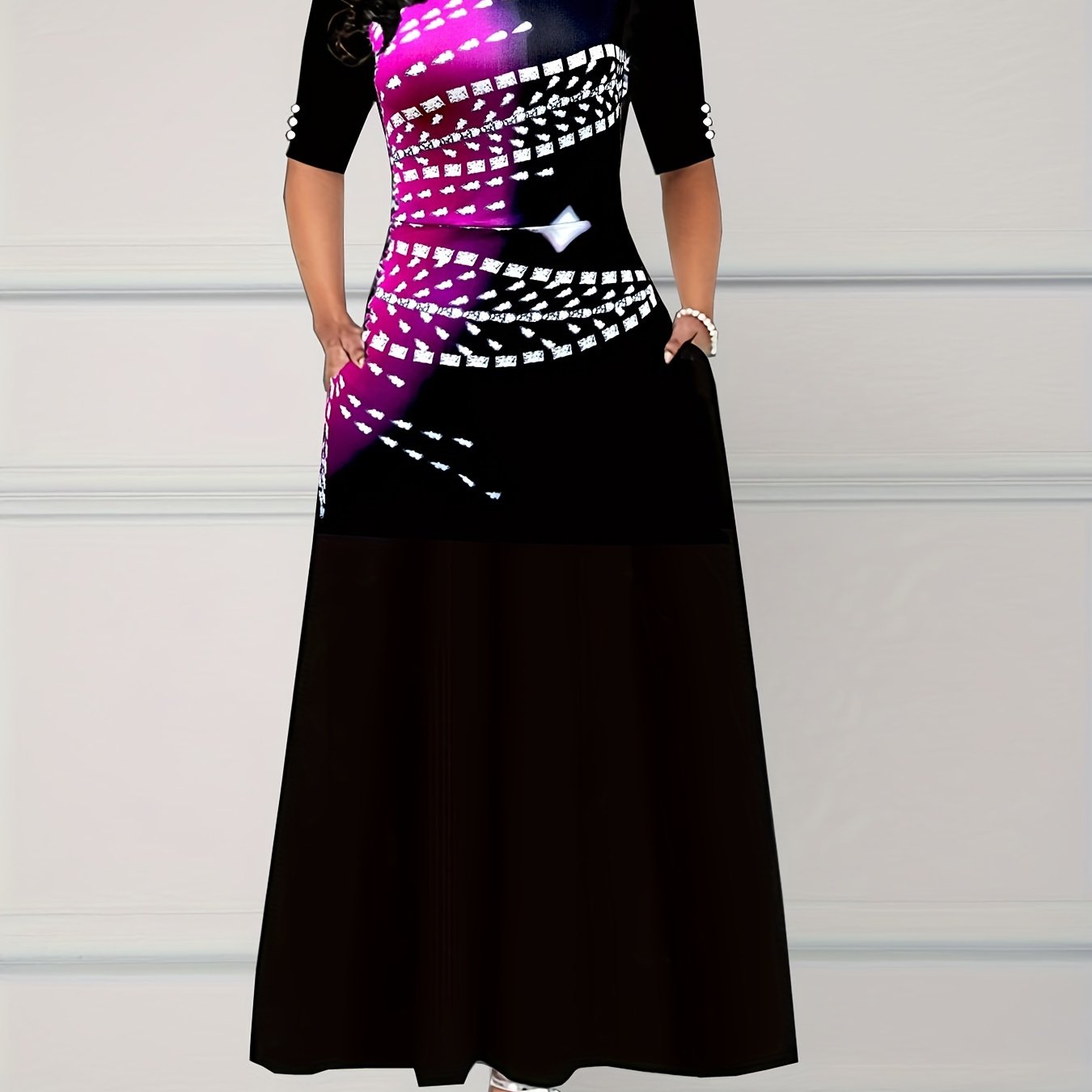 Vibrant Floral Print Half Sleeve Pendulum Dress - Soft Micro Elasticity, Crew Neck, Pocket Details, Machine Washable - Perfect Casual Wear for Women in Spring, Summer, and All Seasons