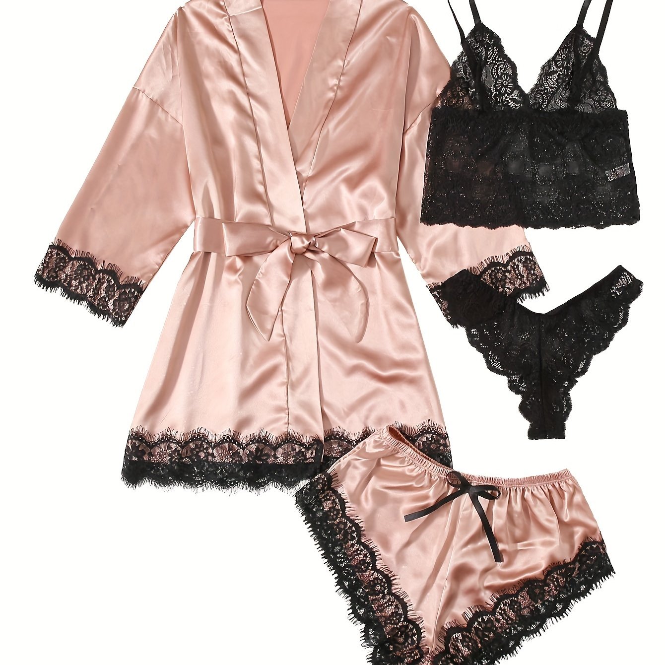Women' Silk Satin Pajamas Set 4pcs Lingerie Floral Lace Cami Sleepwear with Robe