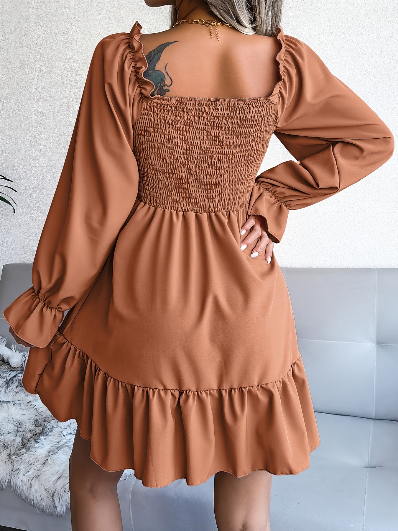 Flirty Squared Neck Ruffle Hem Dress - Feminine Shirred Detail, Timeless Solid Color, Perfect for Spring & Fall Wardrobe