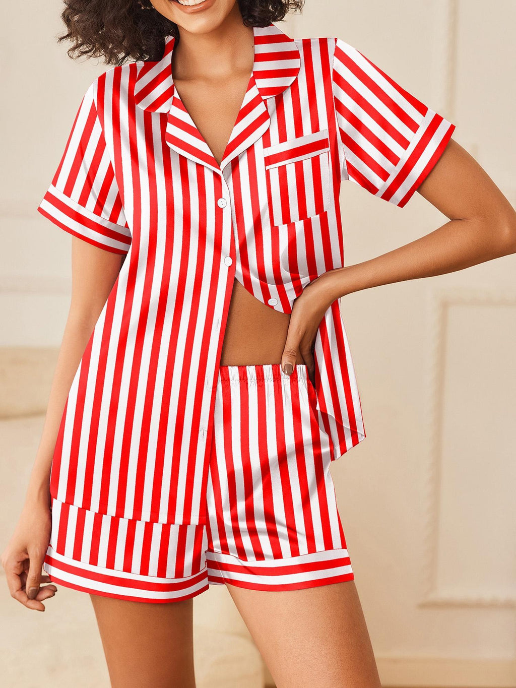 Womens Satin Pajamas Sets 2pcs Short Sleeve Sleepwear Button Down Top and Shorts Pjs Lounge Wear Sets cute matching sets for women casual daily wear slumber party