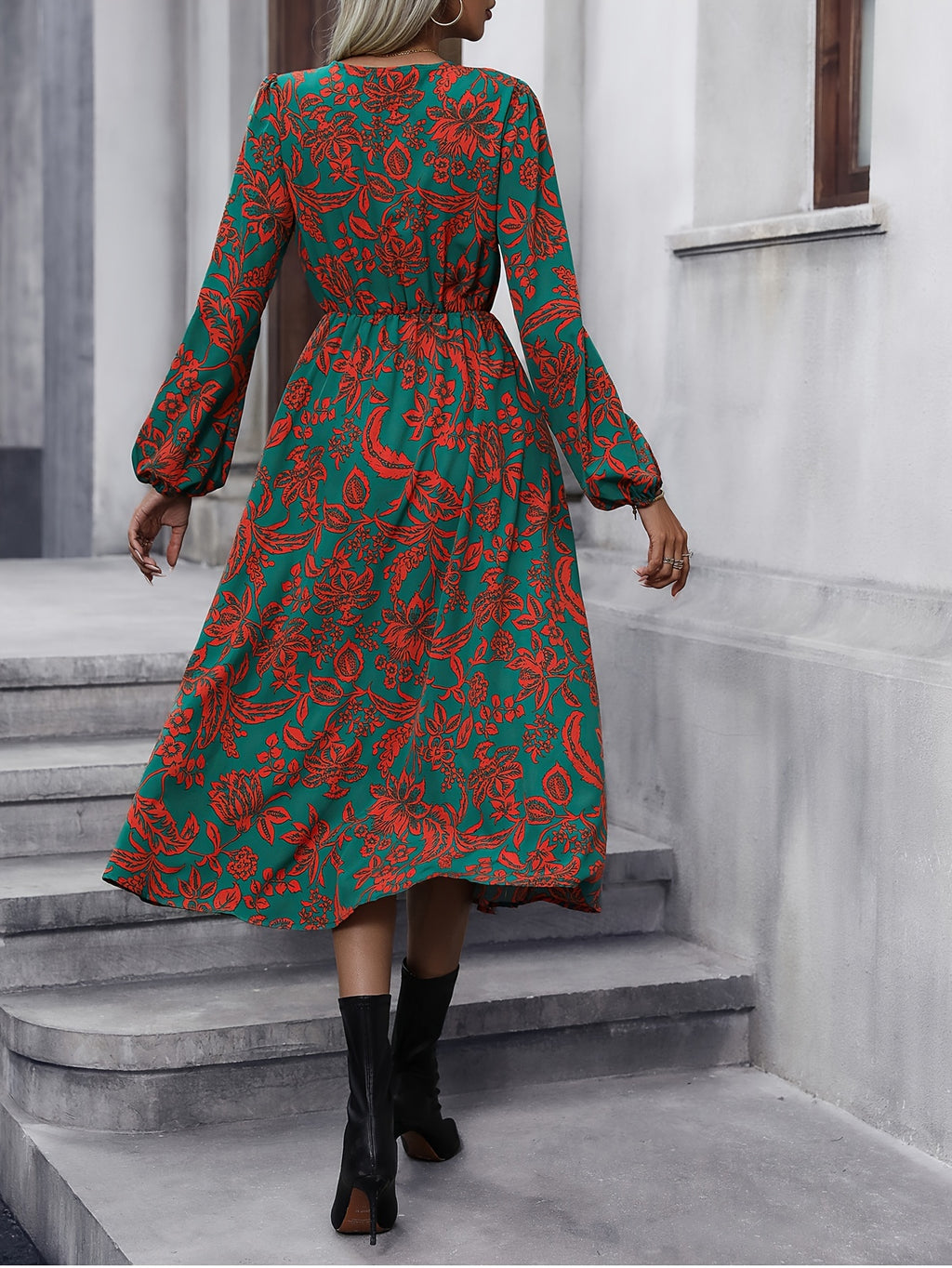 Vibrant Floral Print Dress - Chic Split V Neck, Comfortable Long Sleeves, Exuding Elegant Charm - Perfect for Spring and Fall, Womens Stylish Clothing