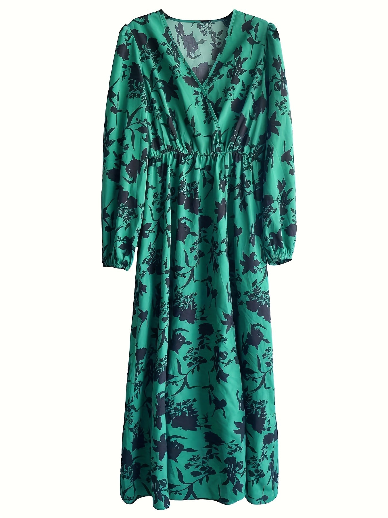 Vibrant Floral Print Dress - Chic Split V Neck, Comfortable Long Sleeves, Exuding Elegant Charm - Perfect for Spring and Fall, Womens Stylish Clothing