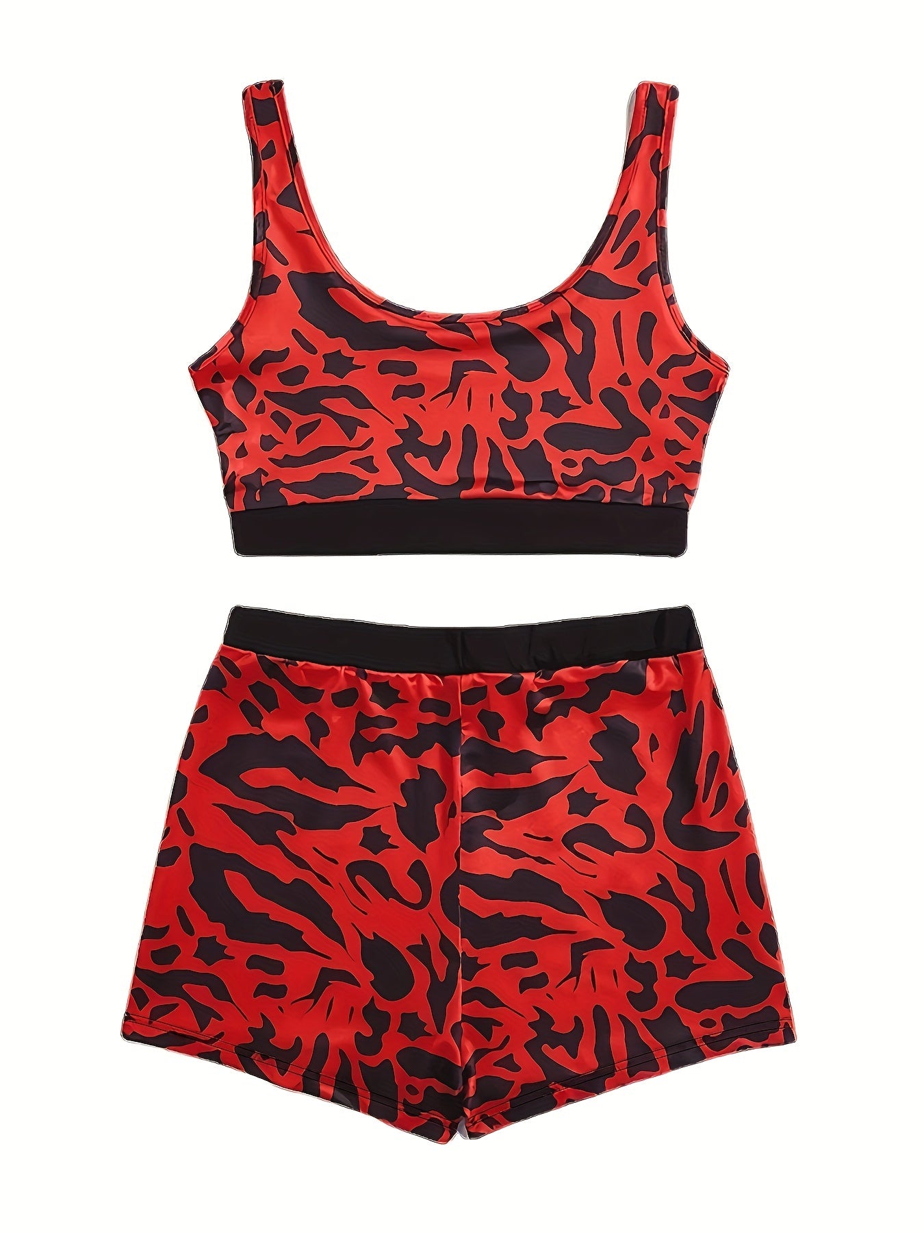 Plus Size Gothic Lingerie Set, Women's Plus Shark Print Contrast Trim Tank Bra & Panty Sporty Lingerie Two Piece Set