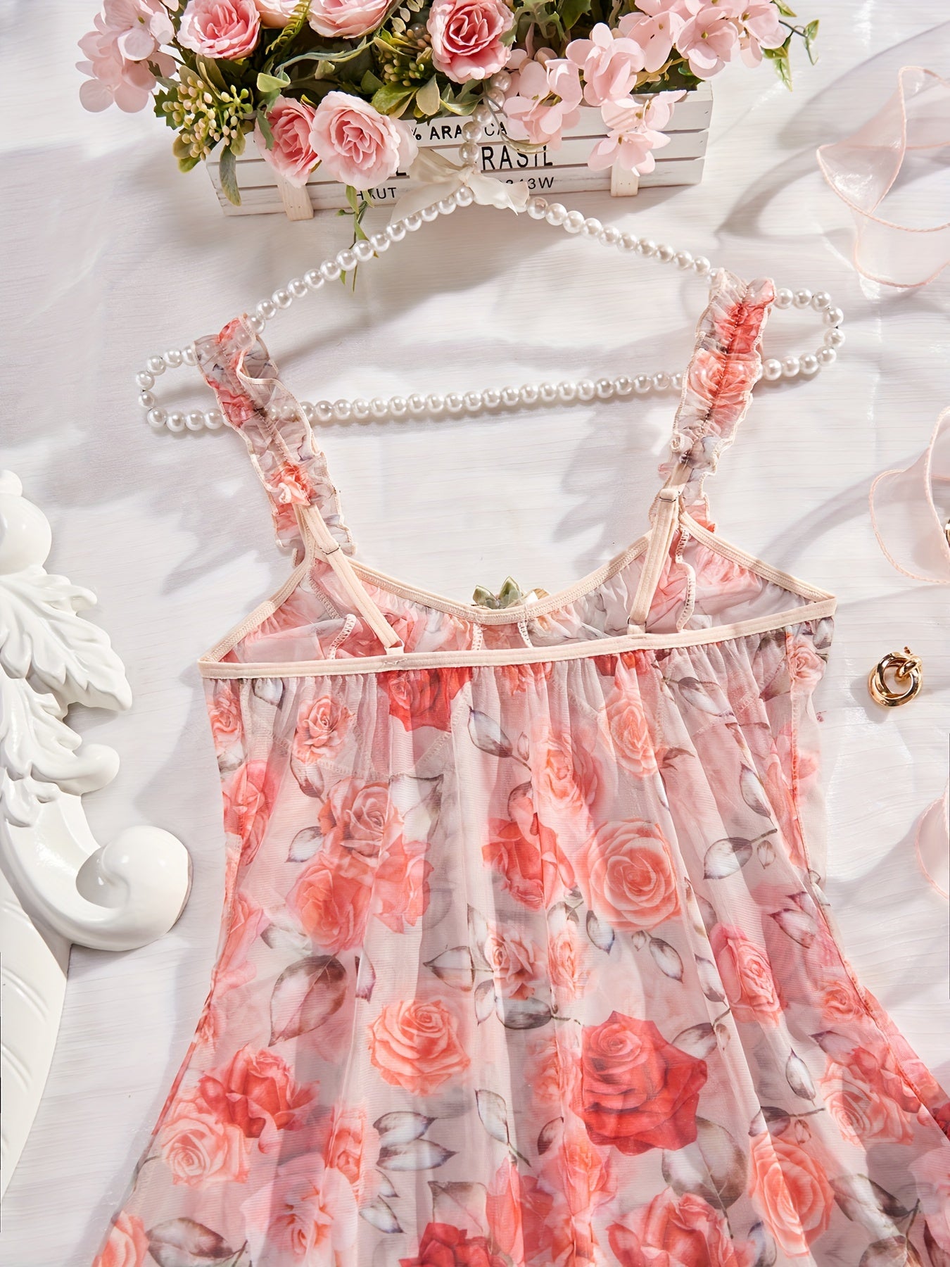 Lace Hollow Out Nightgown, Deep V-backless Bow Nightgown, Orange Women's Pajamas And Dresses