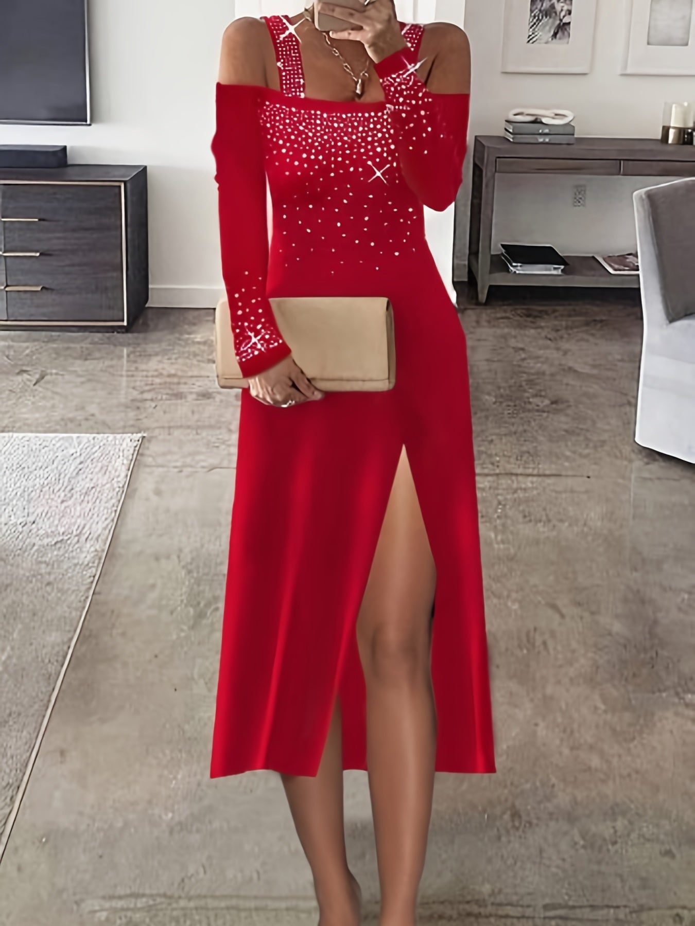 Chic Cold Shoulder Sequined Pencil Dress – Sophisticated Off-the-Shoulder Elegance for Spring/Fall