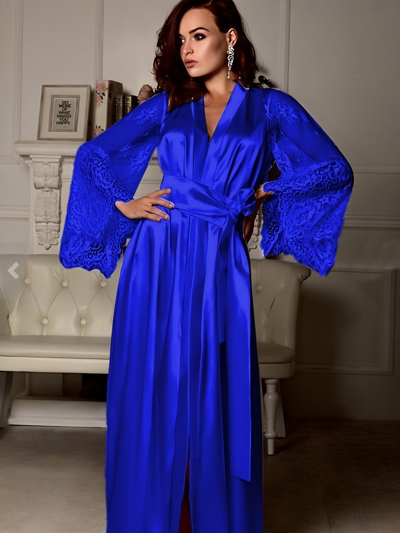 Women's Lace Casual Robe - Sexy V-neck Pajamas, Long See Through Sleeve Nightwear - Soft and Comfortable Fabric - For Lounging at Home or Relaxing - Perfect Gift for Her
