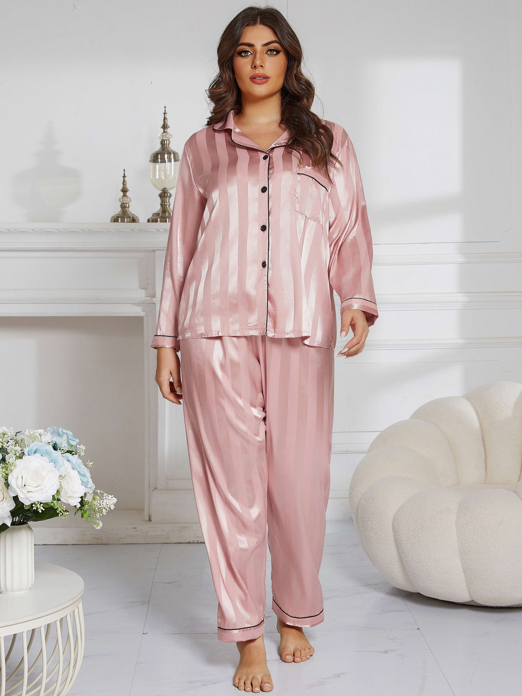 Plus Size Elegant Loungewear Set, Women's Plus Satin Striped Long Sleeve Button Up Lapel Collar Shirt & Pants Pajamas Two Piece Set
