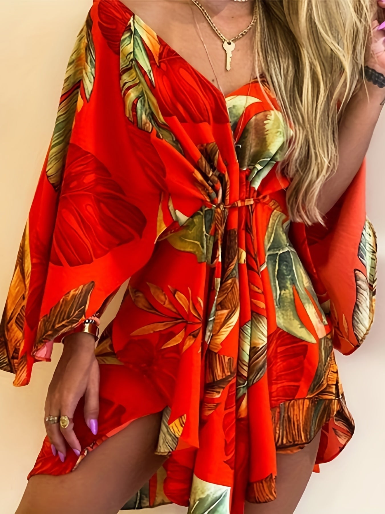 Fashionable V Neck Batwing Dress - Vibrant Full Printed Design with Flattering Tie Waist - Perfect Casual Wear for Women