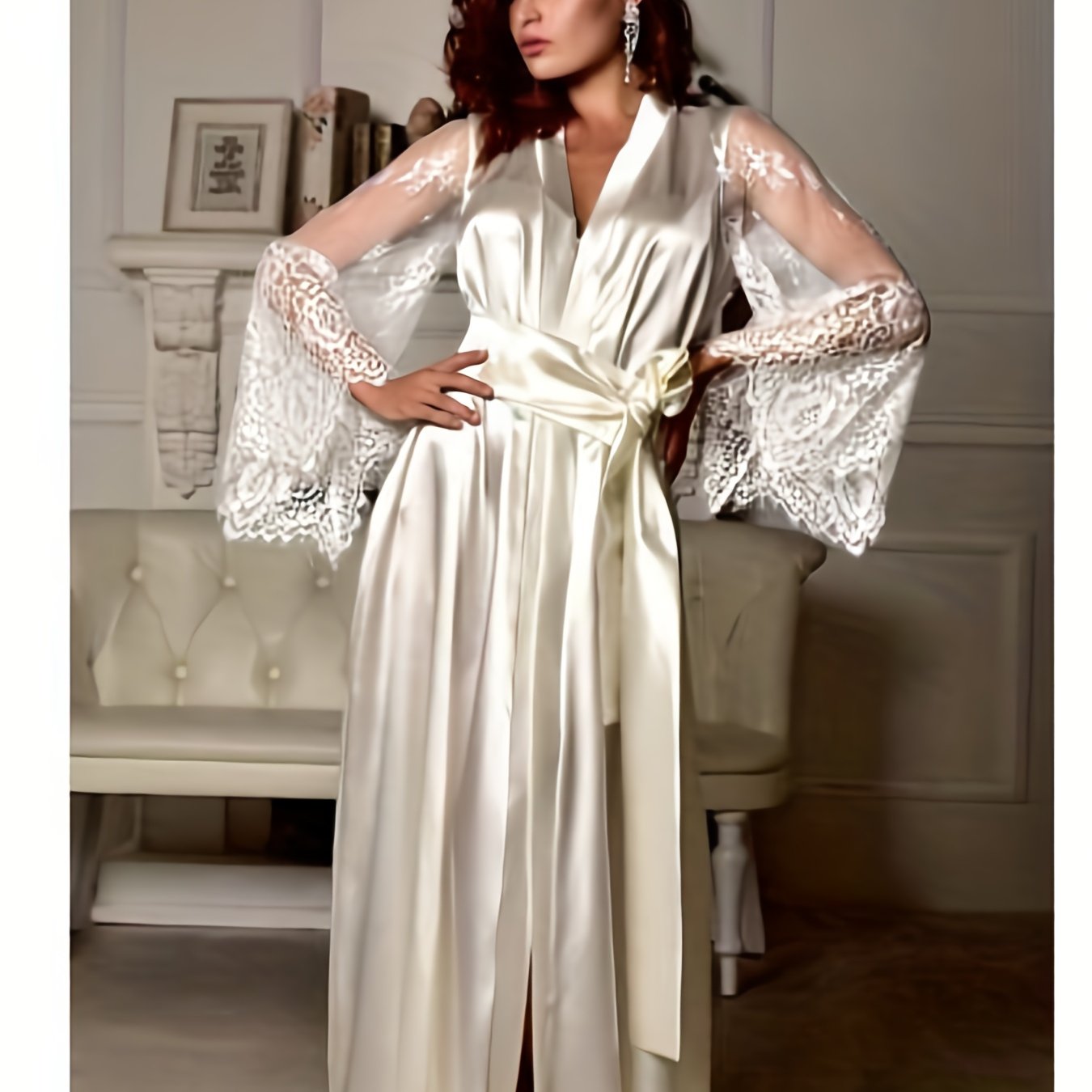 Women's Lace Casual Robe - Sexy V-neck Pajamas, Long See Through Sleeve Nightwear - Soft and Comfortable Fabric - For Lounging at Home or Relaxing - Perfect Gift for Her