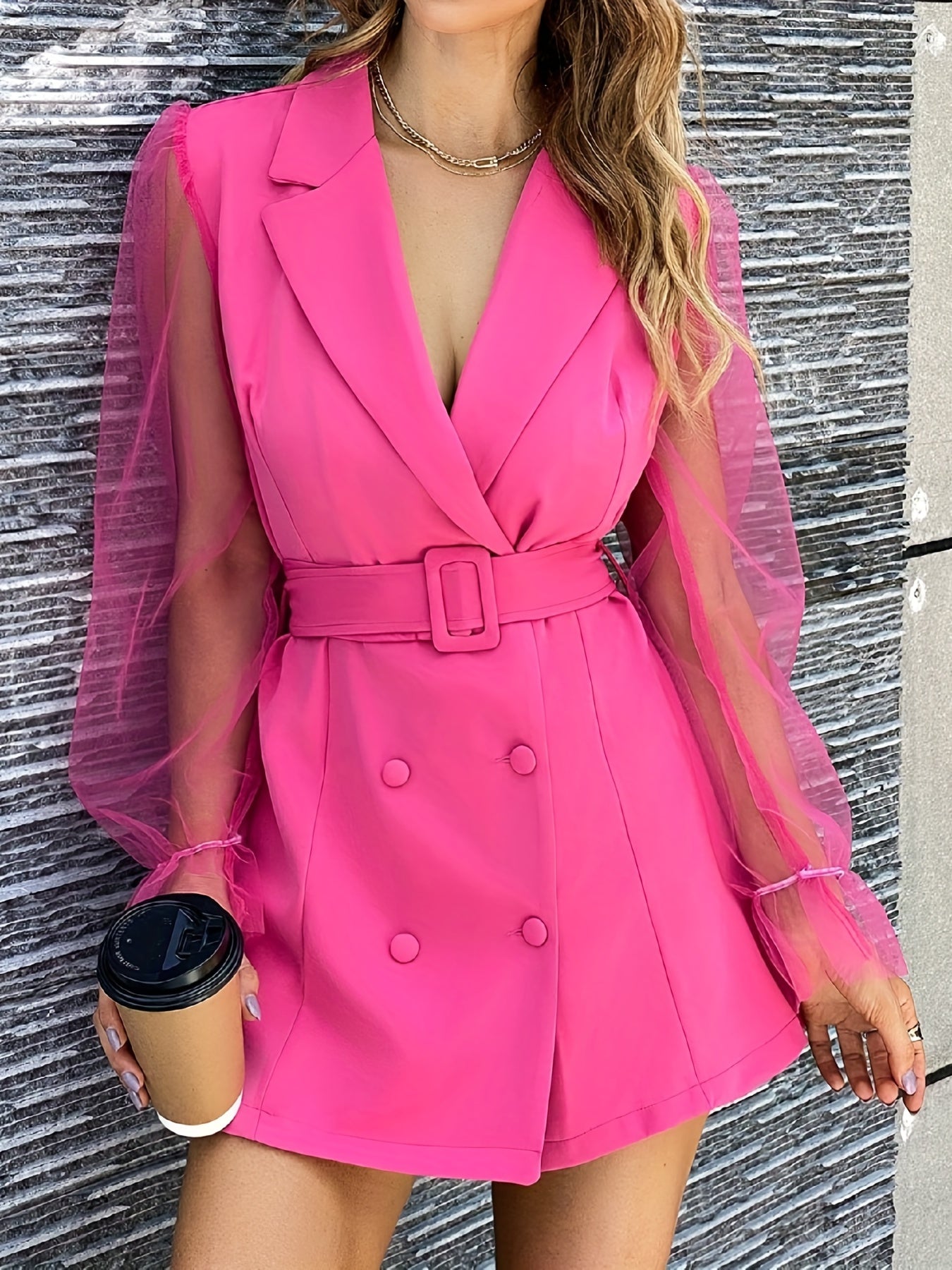 Contrast Mesh Lapel Collar Dress, Elegant Long Sleeve Double Breasted Dress, Women's Clothing