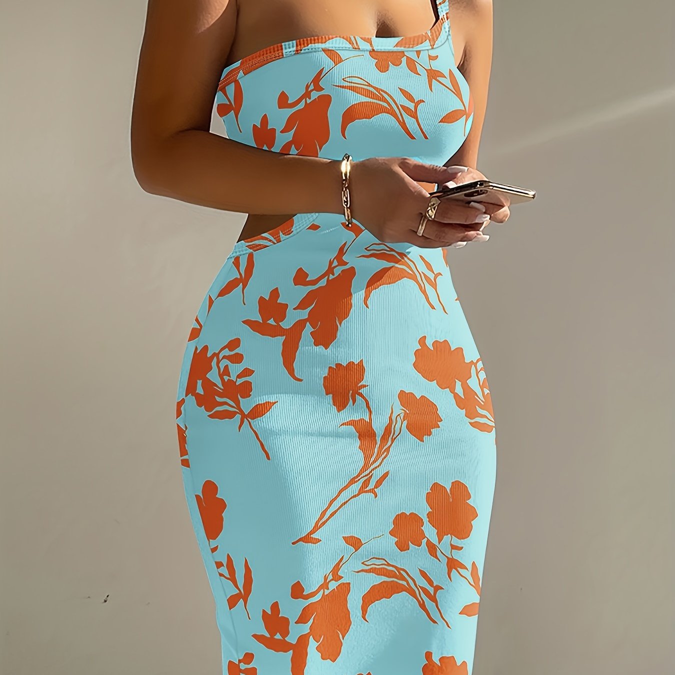 One Shoulder Ribbed Bodycon Dress, Floral Print Dress For Nightclub, Dating, Party, Women's Clothing