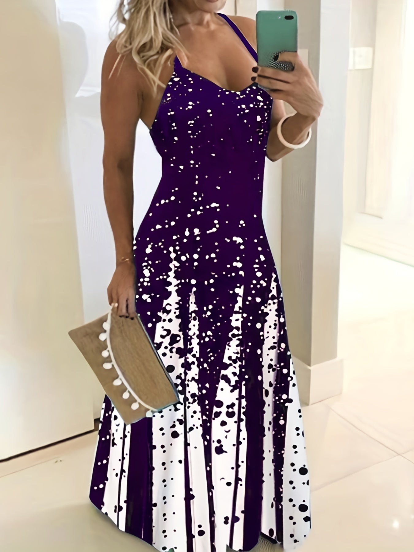 Elegant Summer Midi Dress: V-Neck, Sleeveless, Slim Waist, Color Block & Geometric Pattern for Stylish Women