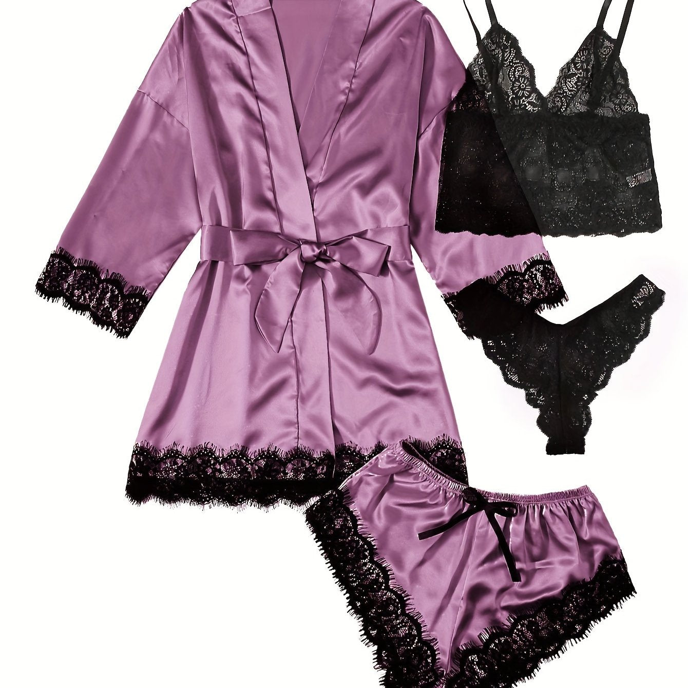 Women' Silk Satin Pajamas Set 4pcs Lingerie Floral Lace Cami Sleepwear with Robe