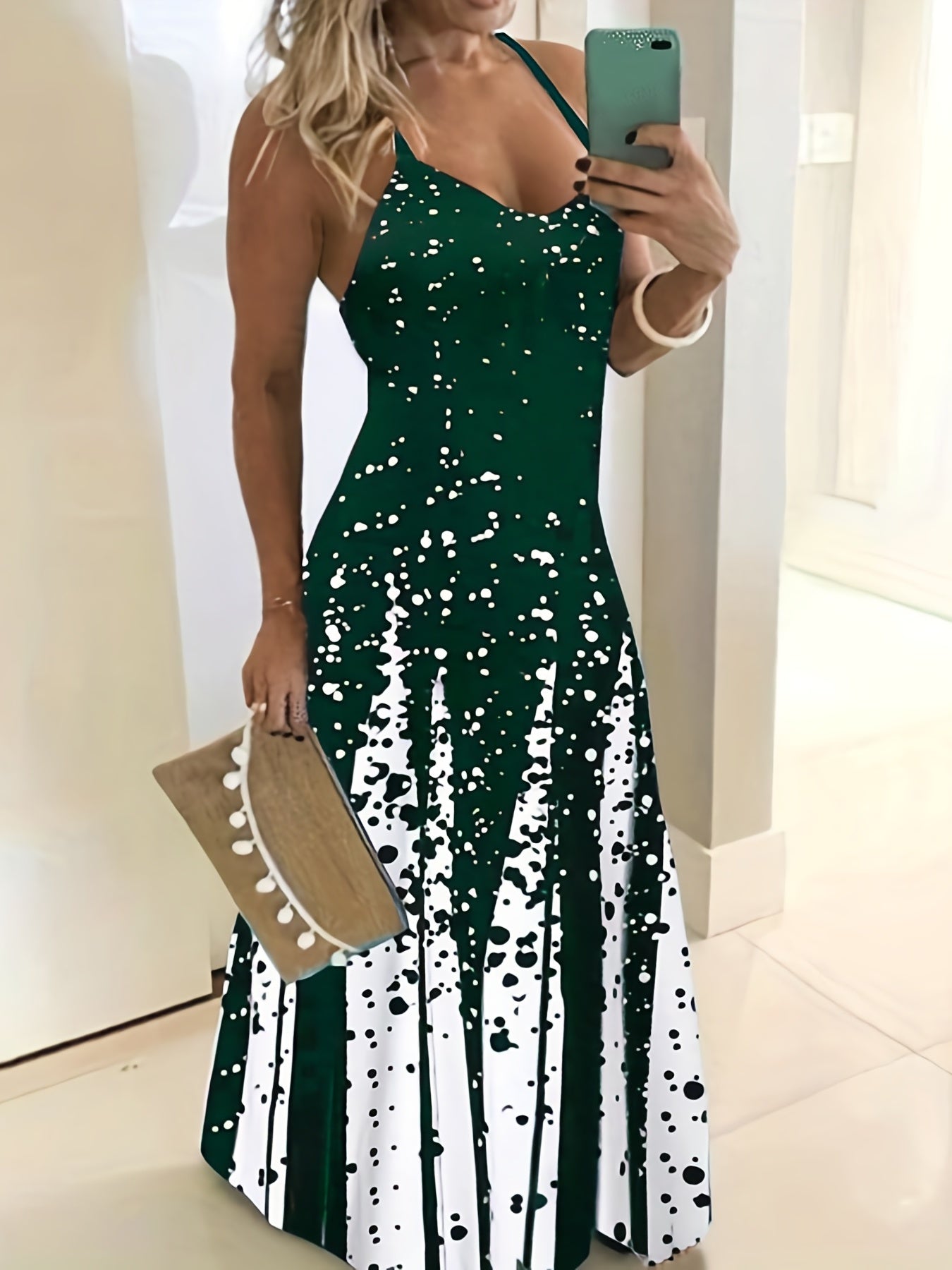 Elegant Summer Midi Dress: V-Neck, Sleeveless, Slim Waist, Color Block & Geometric Pattern for Stylish Women