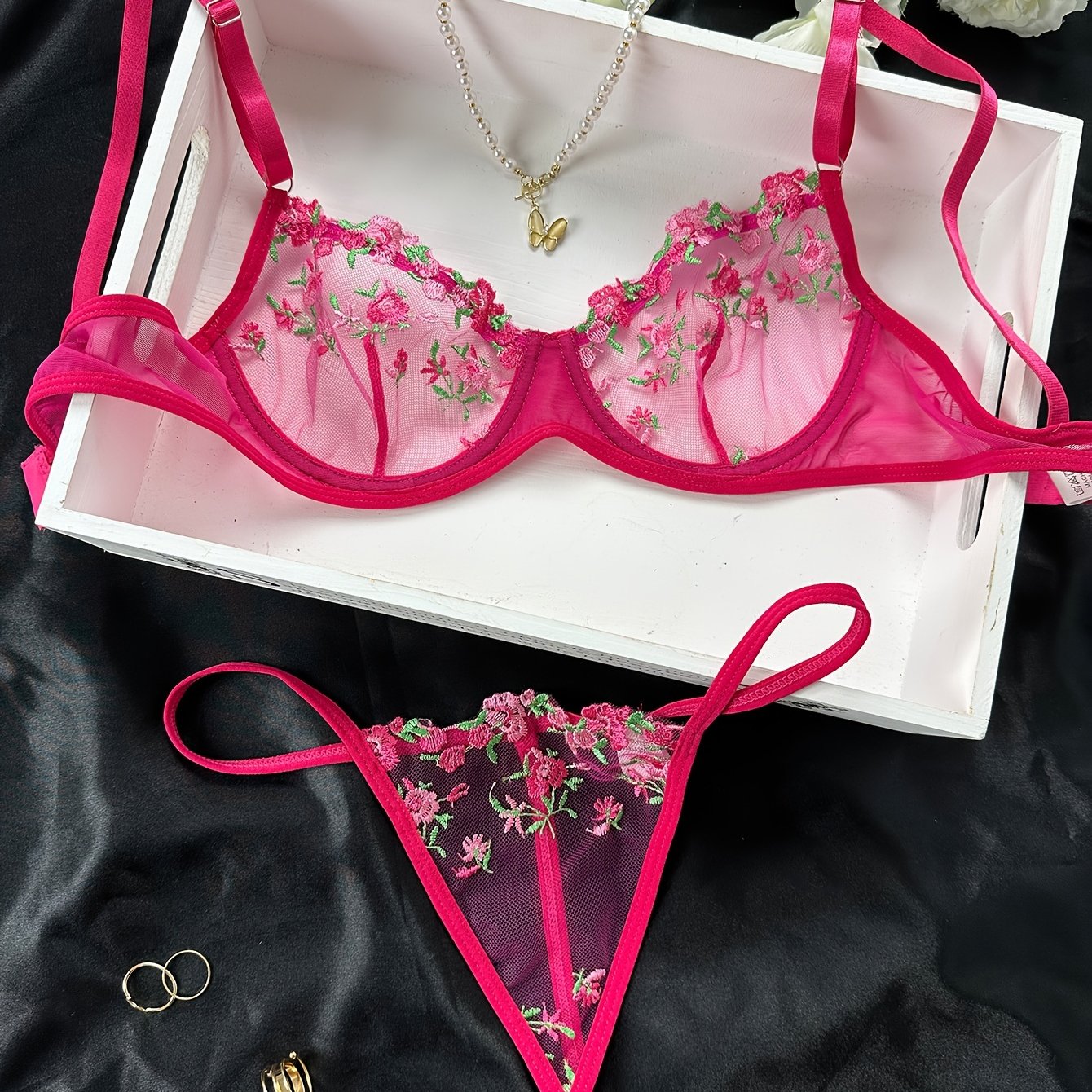 Romantic Floral Embroidered Lingerie Set - Lightweight Sheer Bra & Seductive Mesh Thong - Unlined, Feminine & Sexy Underwear for Women