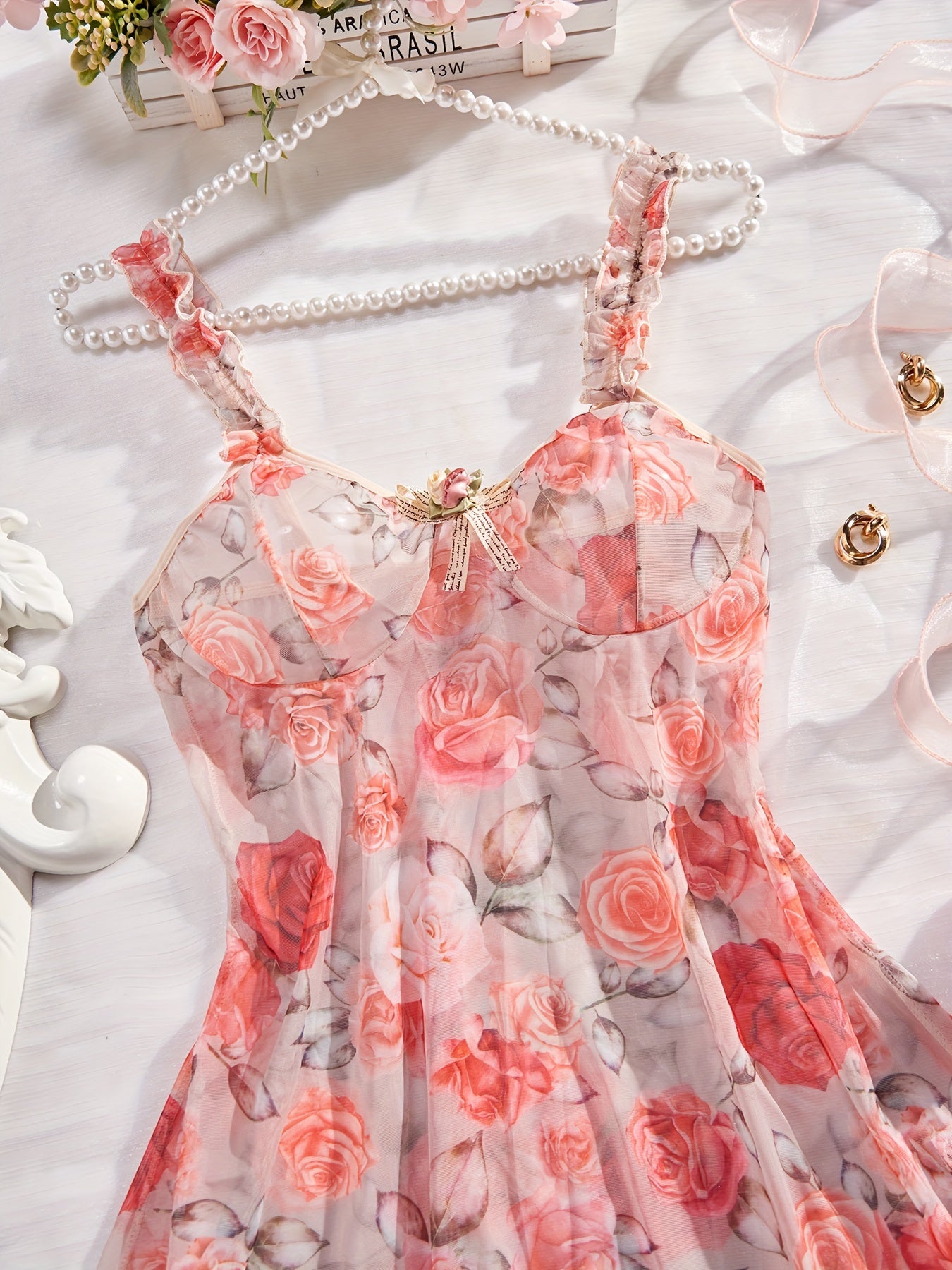 Lace Hollow Out Nightgown, Deep V-backless Bow Nightgown, Orange Women's Pajamas And Dresses