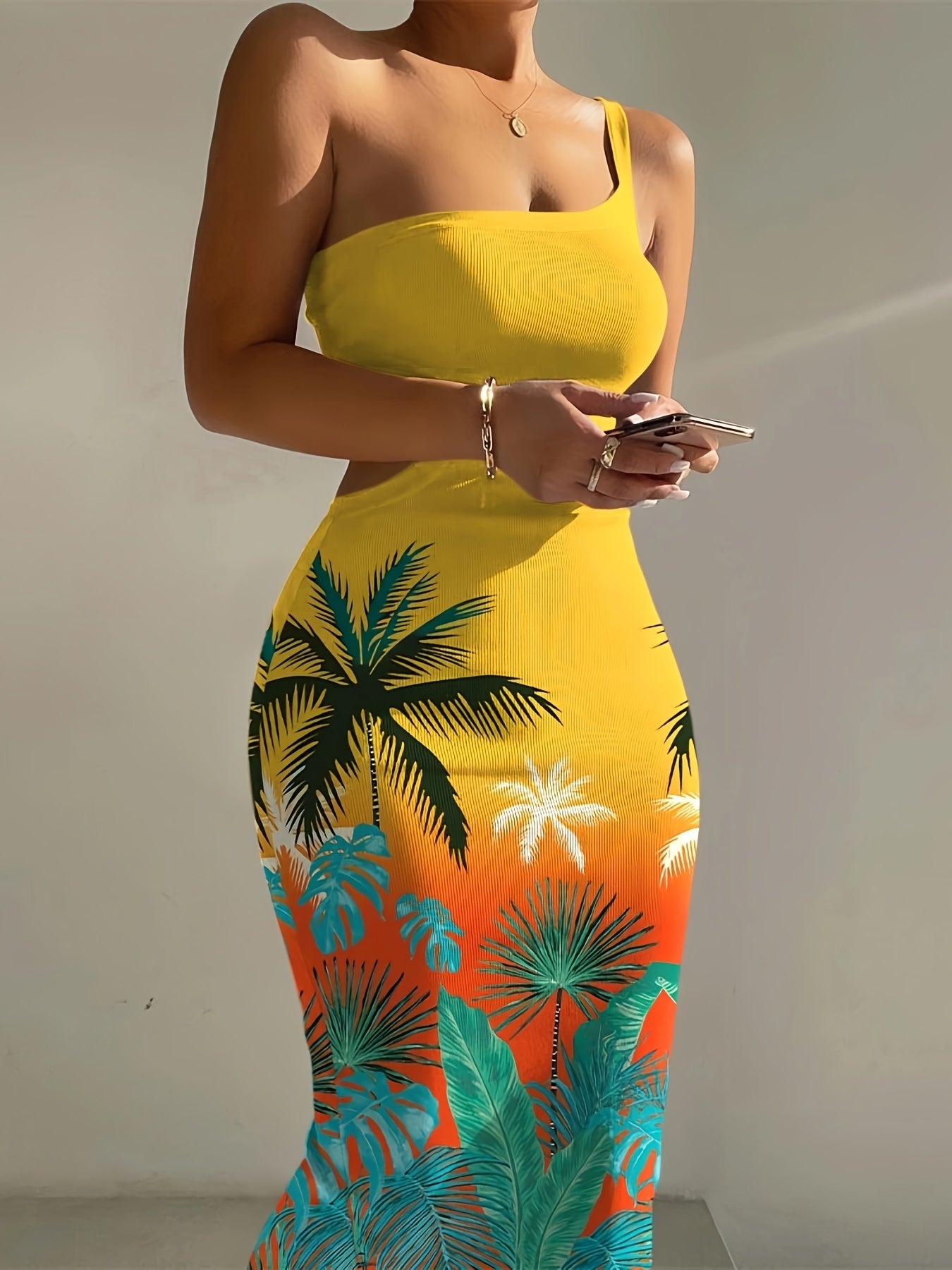 One Shoulder Ribbed Bodycon Dress, Floral Print Dress For Nightclub, Dating, Party, Women's Clothing