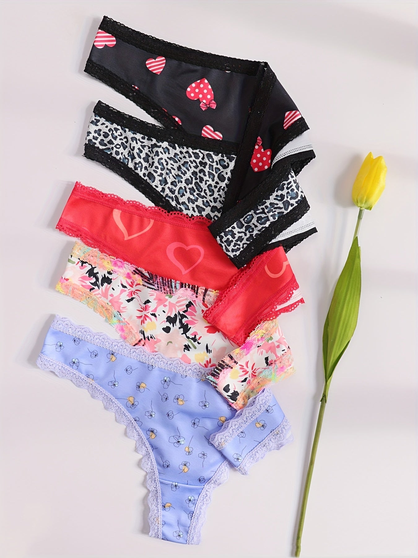 Morvia 5-Piece Lace-trimmed Heart Thongs - Chic, Comfortable Women's Knit Lingerie Set, Non-Sheer