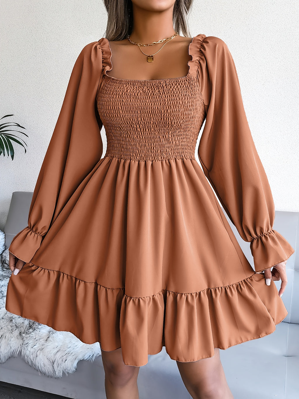 Flirty Squared Neck Ruffle Hem Dress - Feminine Shirred Detail, Timeless Solid Color, Perfect for Spring & Fall Wardrobe